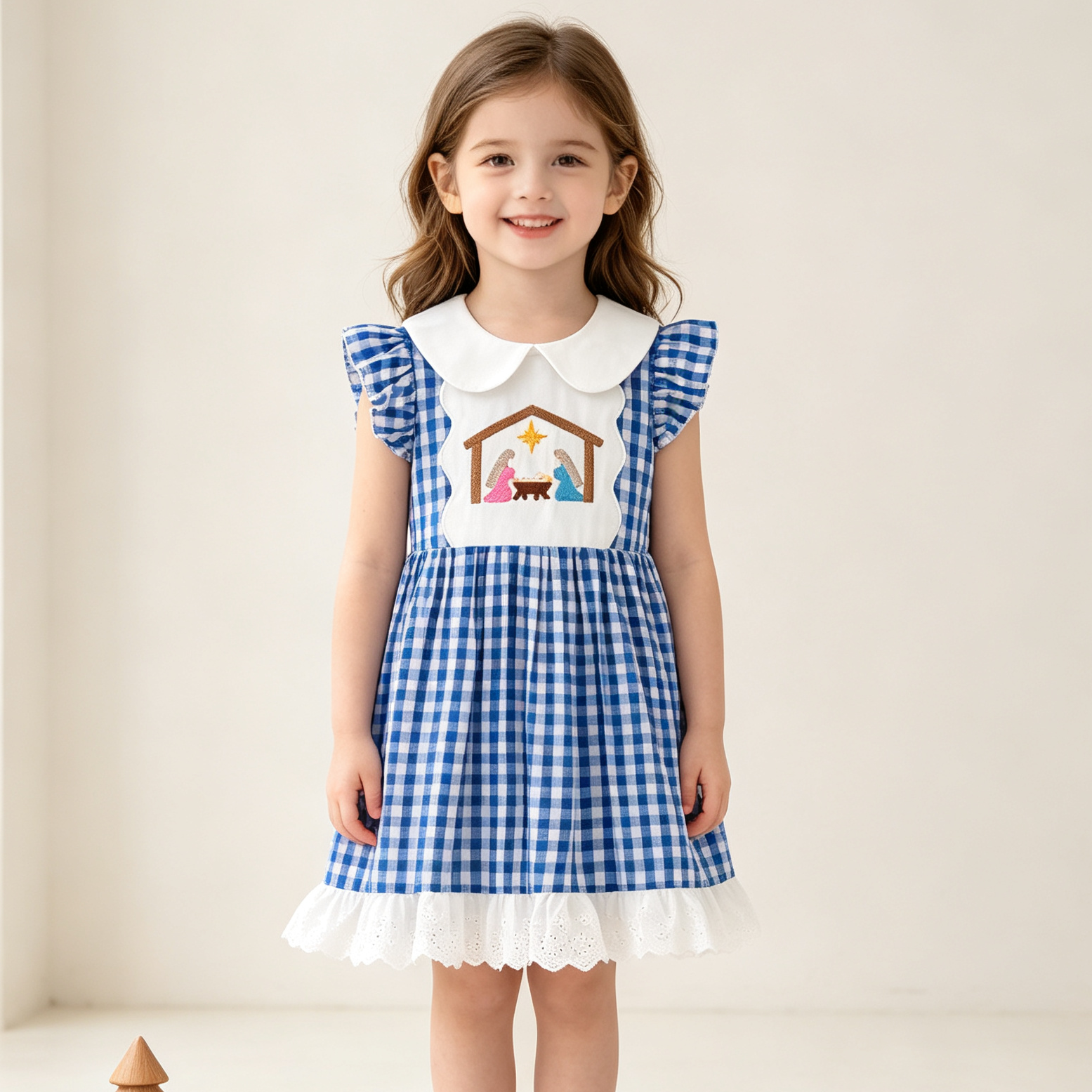 (In Stock)Girls Blue Plaid Nativity Embroidered Christmas Dress