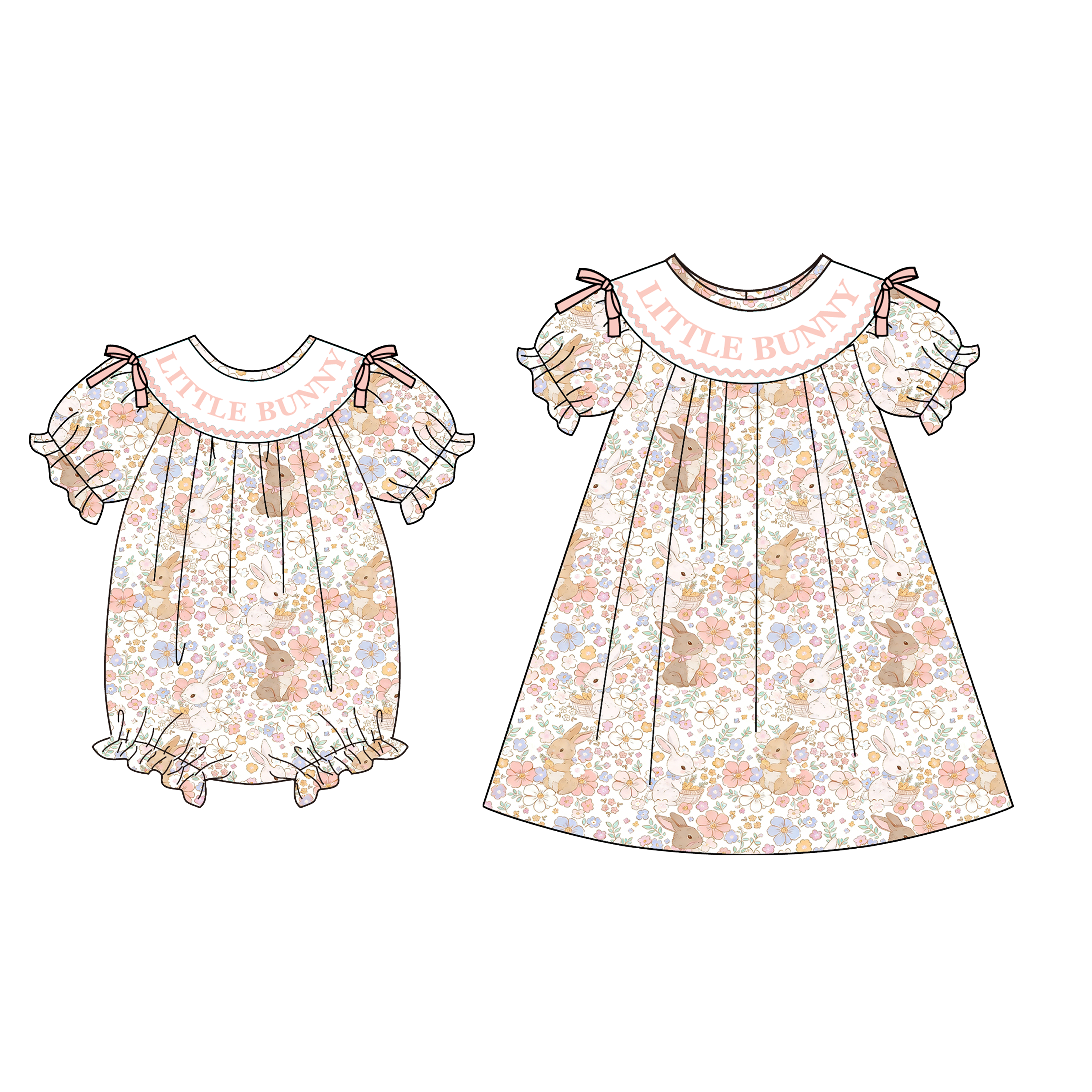 (Pre Order)Sisters Easter Bunny Embroidery Smocked Dress&Romper