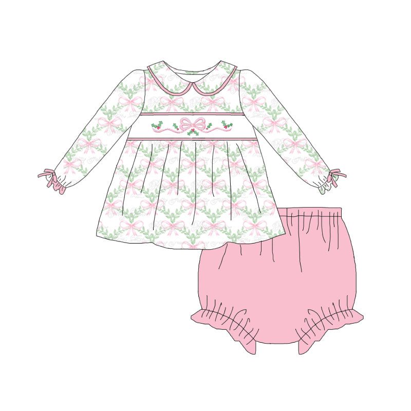 (Pre Order)Fall Baby Girls Bow Embroidery Bloomer Set