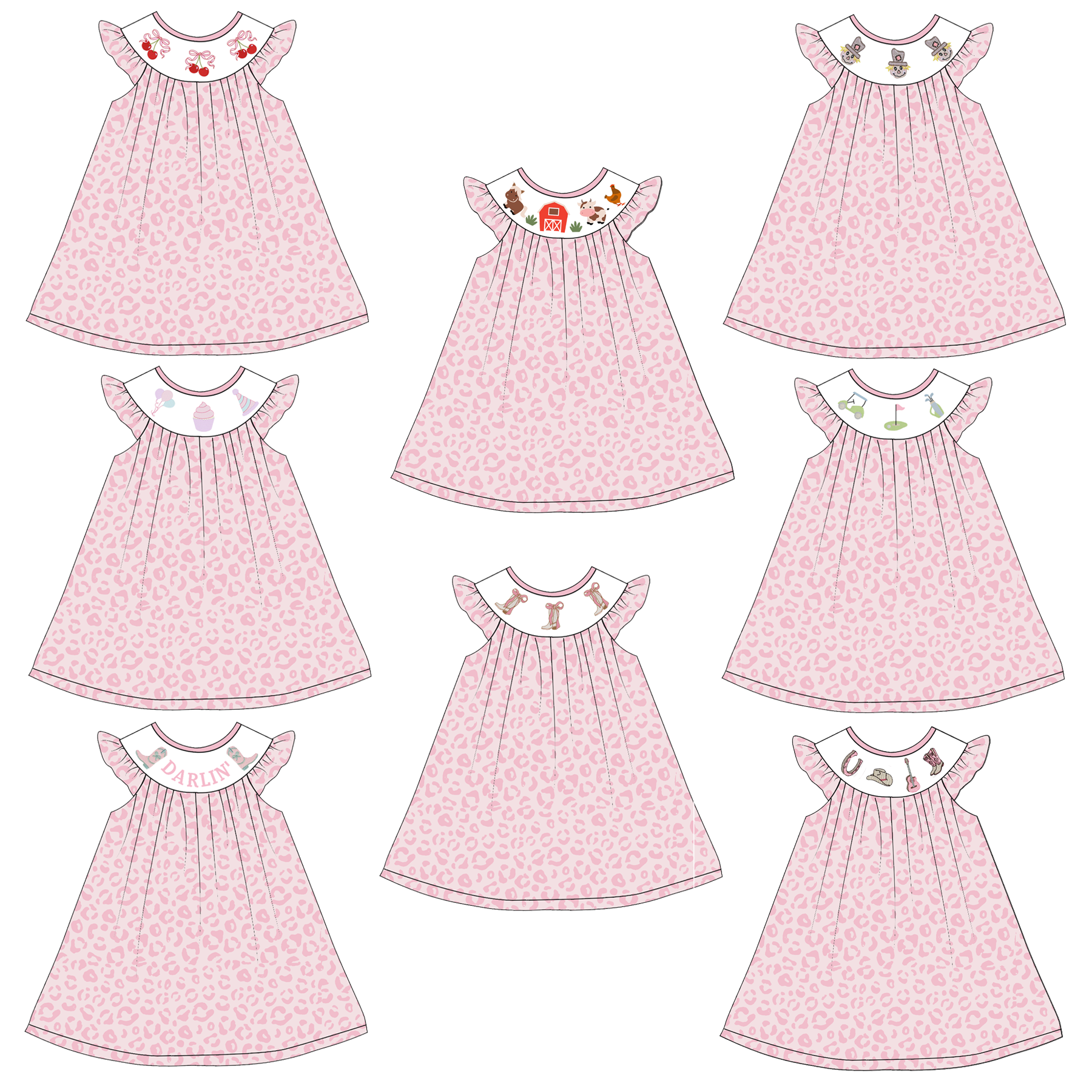 Pre Order) Girls Fall Farm Pink Leopard Smocked Embroided Dress