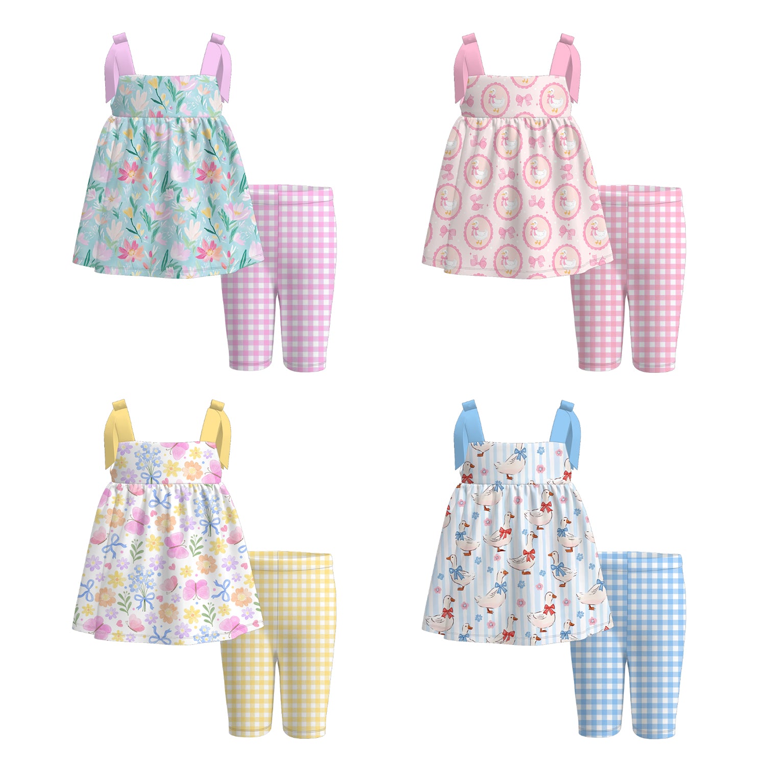 (Pre Order)Girls Spring and Summer Floral&Goose Print Capris Set