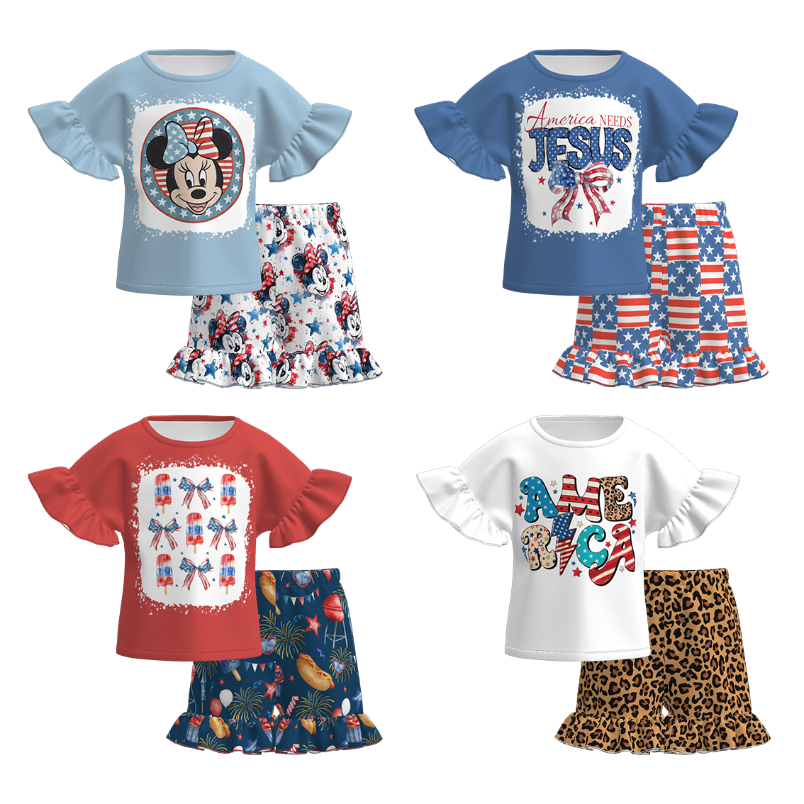 (Pre Order)Girls Patriotic Print Shorts Set