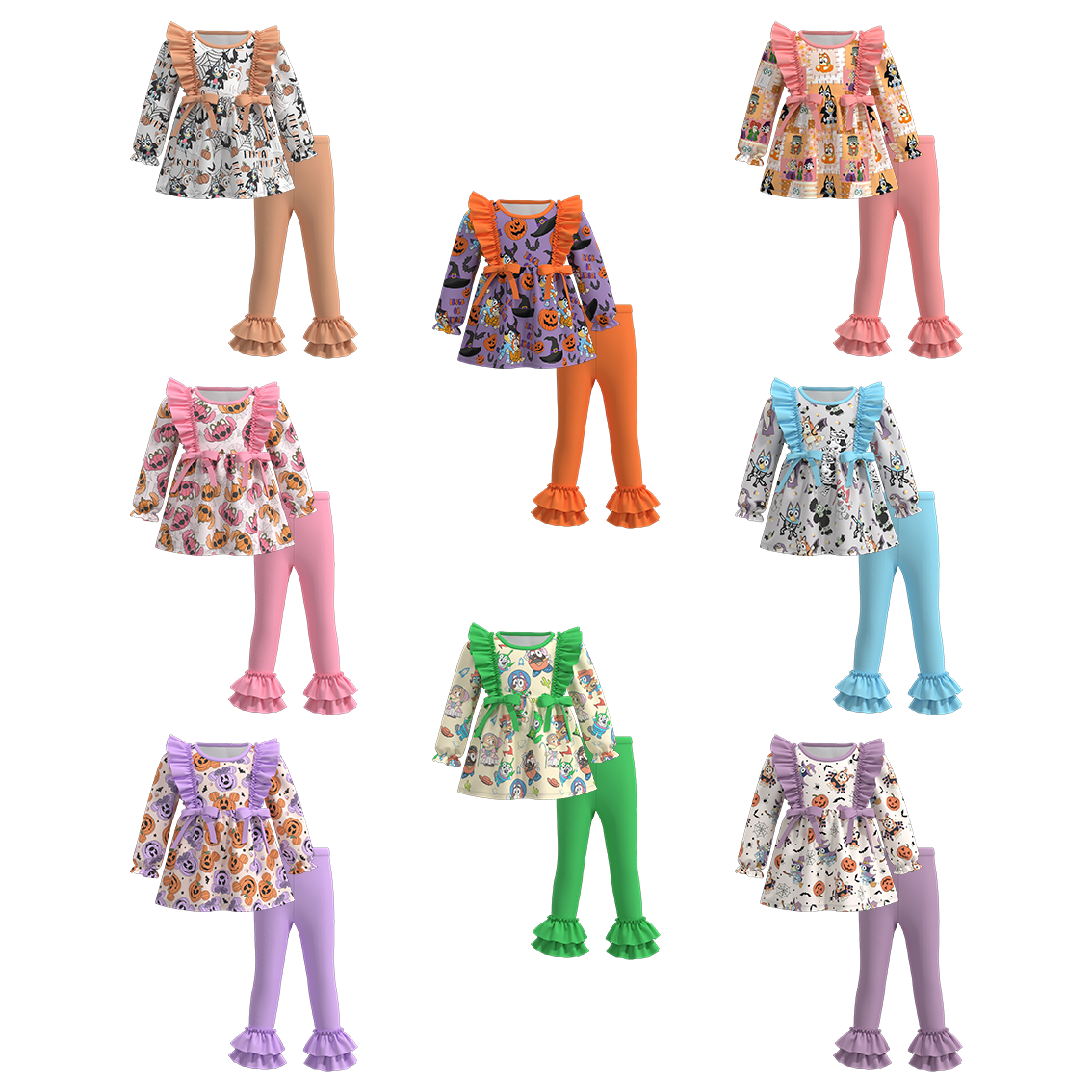 (Pre Orders)Girls Halloween Cartoon Print Ruffled Outfit Set