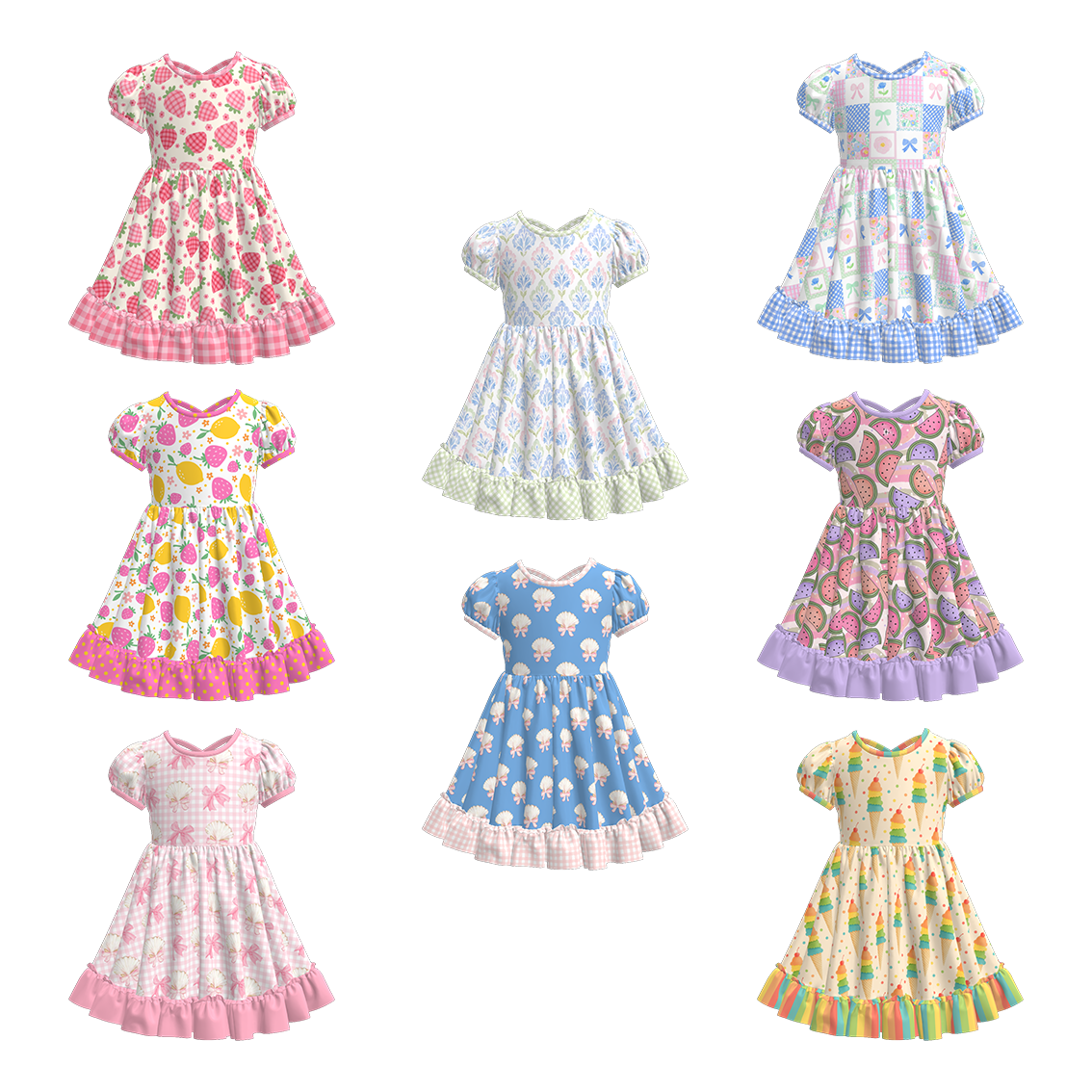 (Pre Order)Girls Spring and Summer Fruit&Bow Print Dress