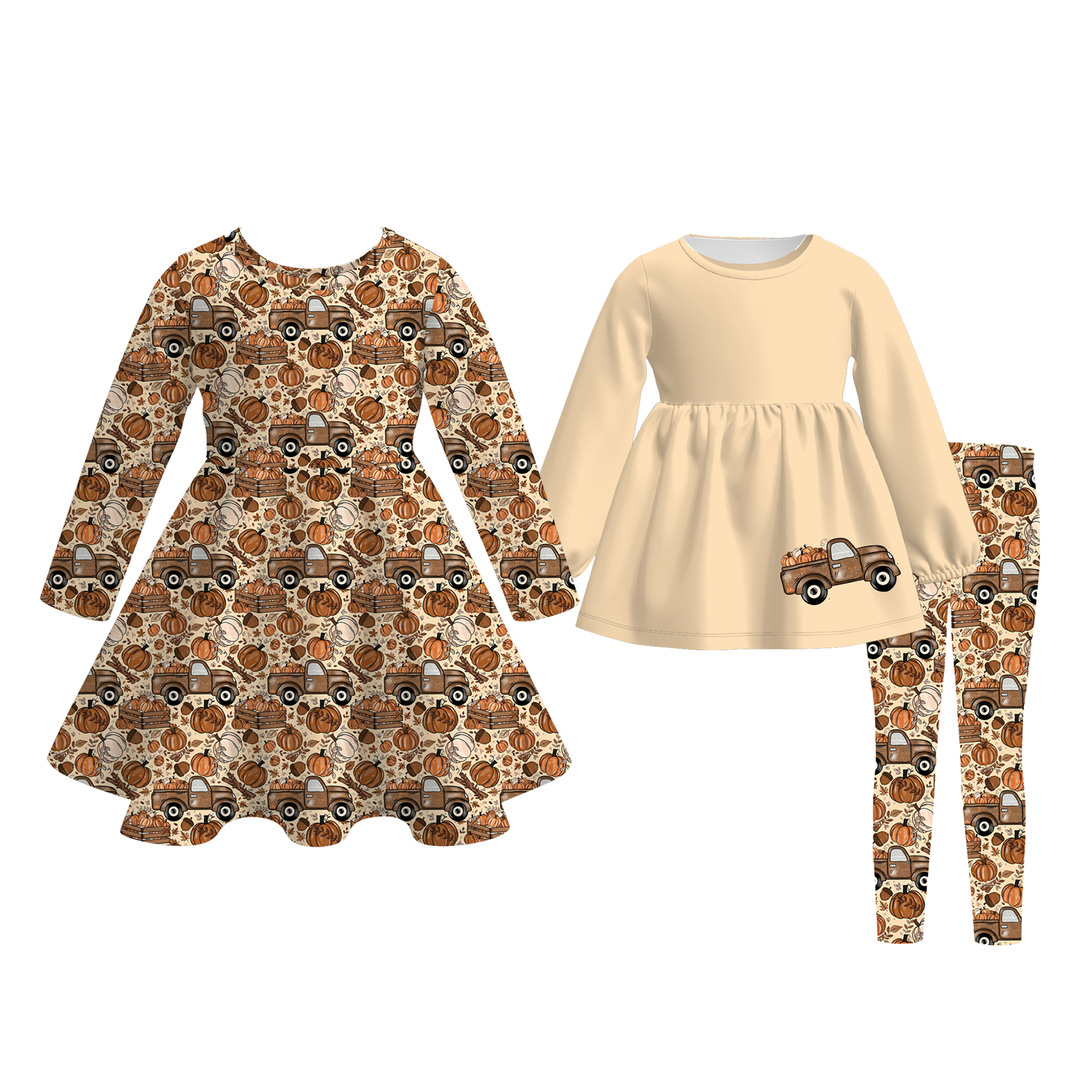 (Pre Order)Girls Fall Pumpkin Print Dress&Outfit Set
