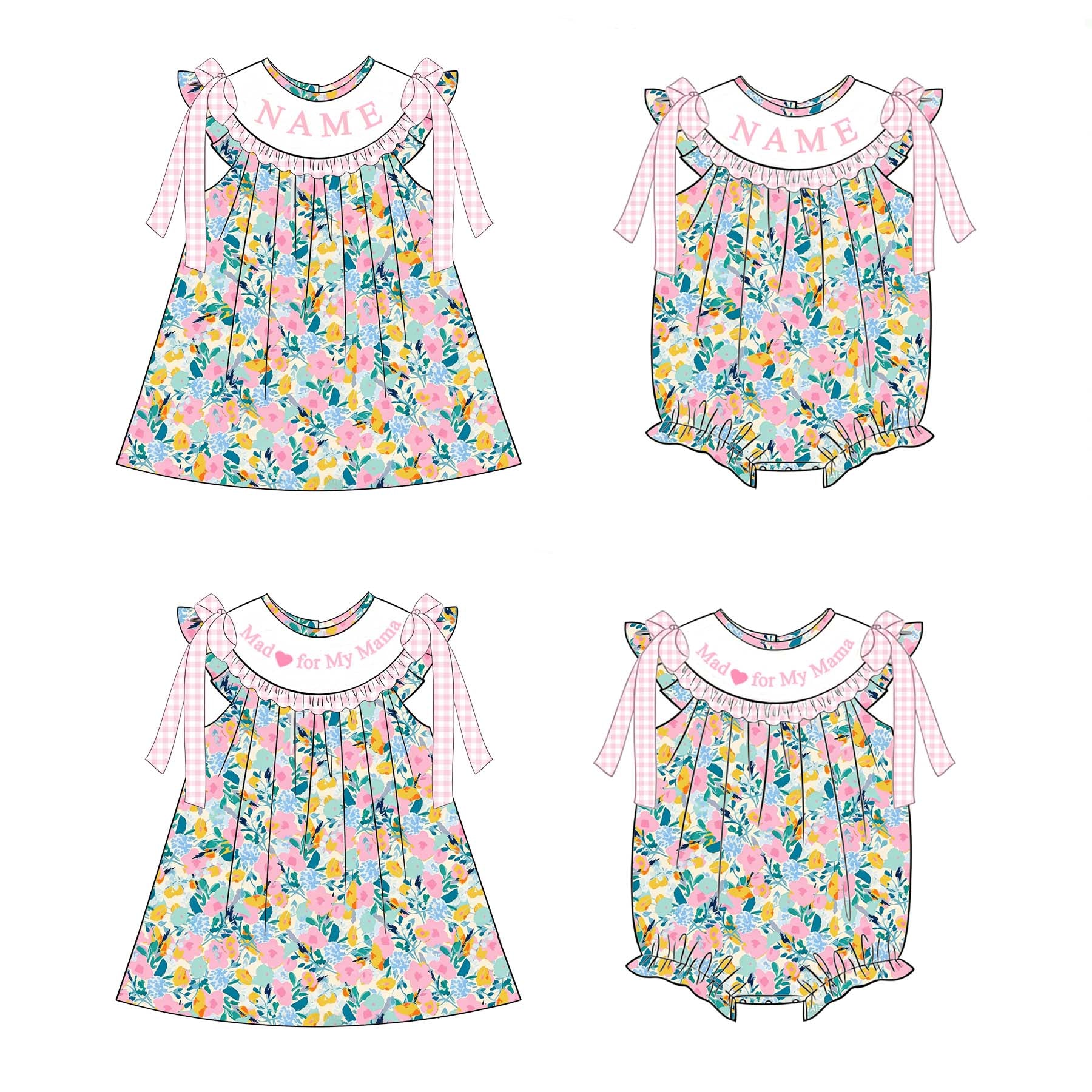 (Pre Order)Sisters Mother's Day Embroidery Smocked Dress&Romper-Customized Name