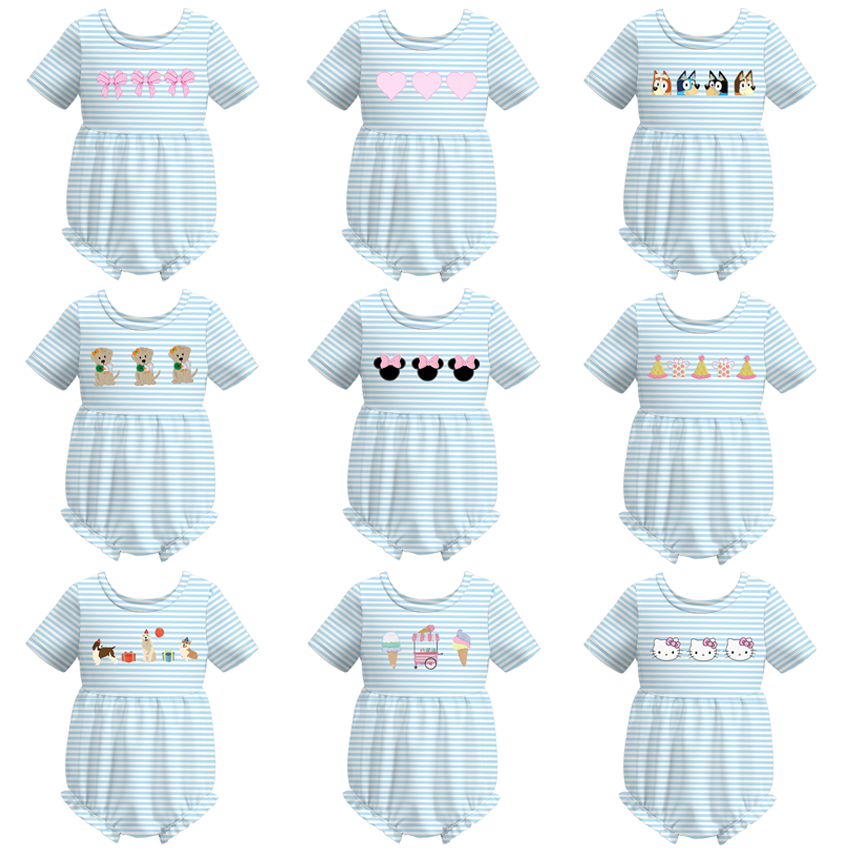 (Pre Order)Baby Girls Blue Stripe Embroidery Romper