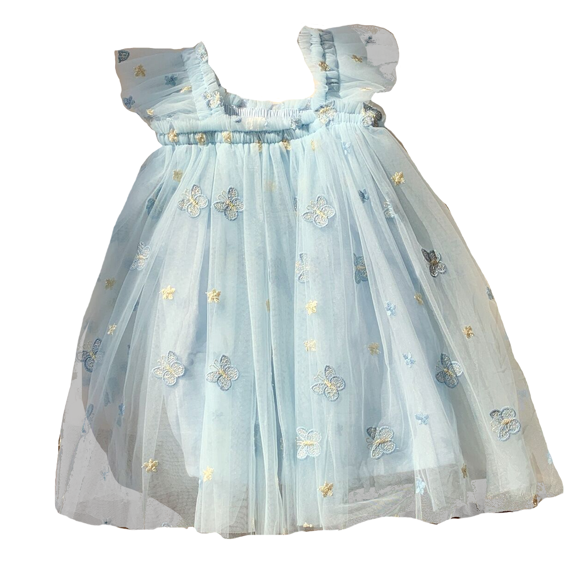 (In Production)Girls Summer Butterfly Embroidery Tulle Puff Sleeve Dress