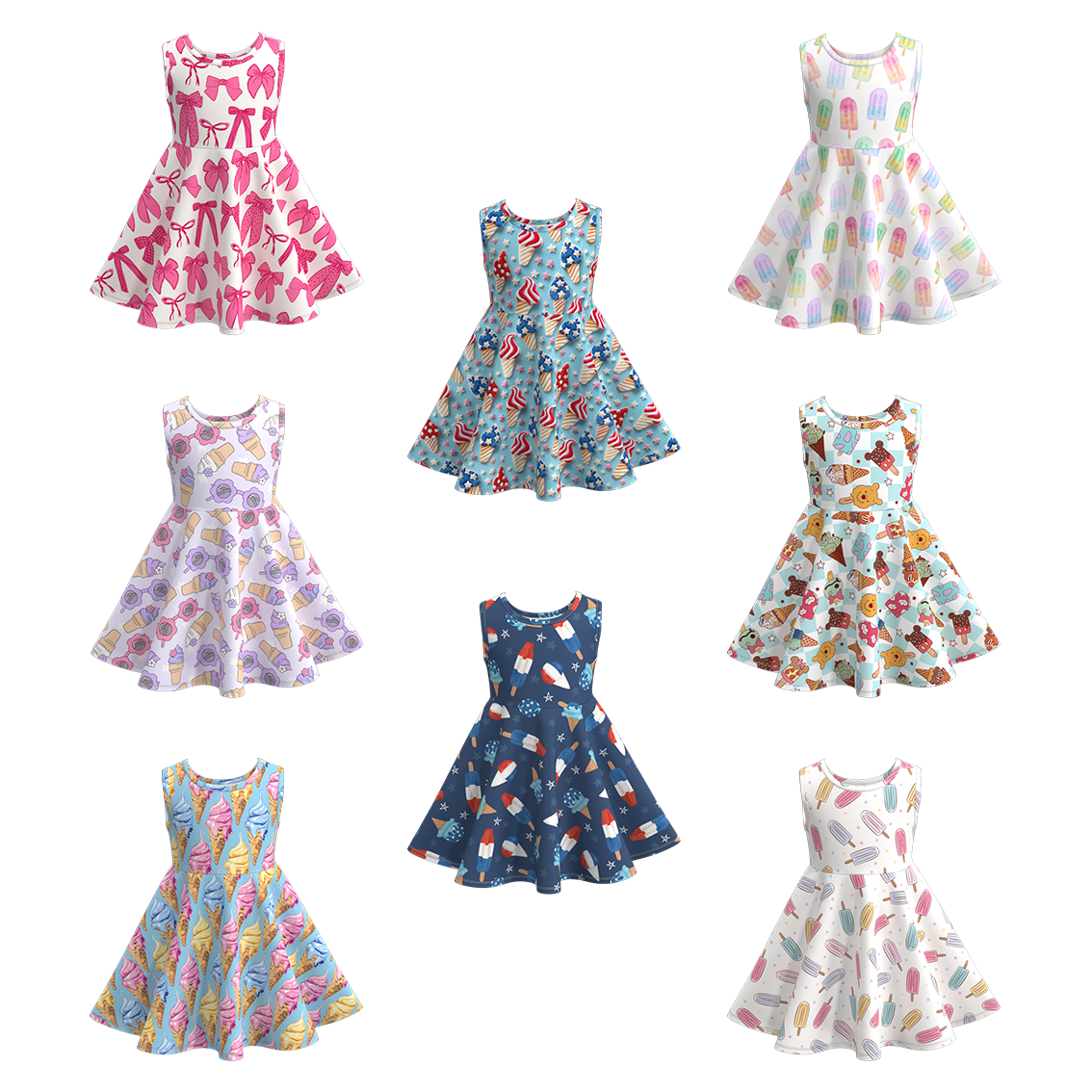 (Pre Order)Girls Summer Ice Cream Print Twirl Dress