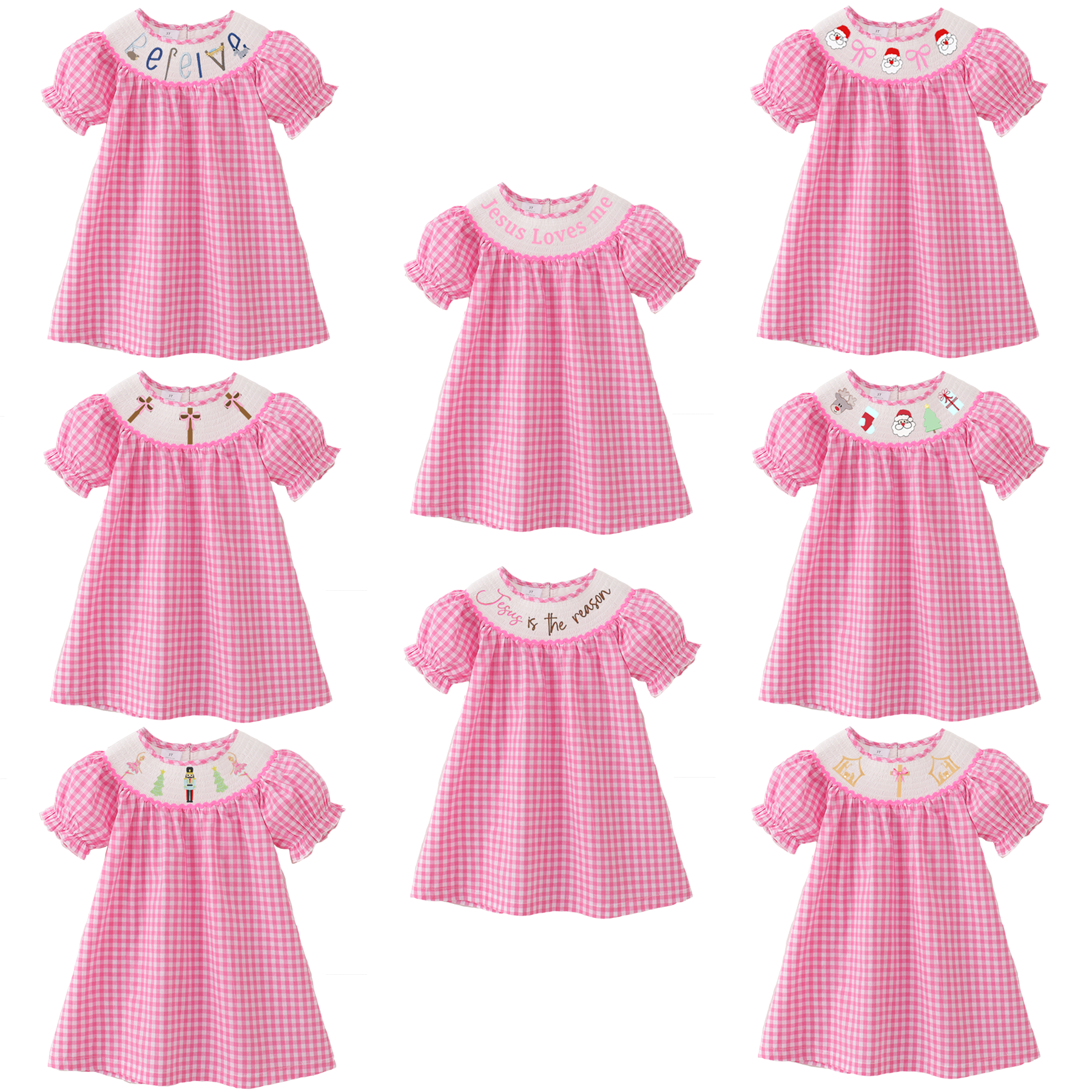 (Pre Order)Girls Pink Plaid Christmas Embroidery Smocked Dress