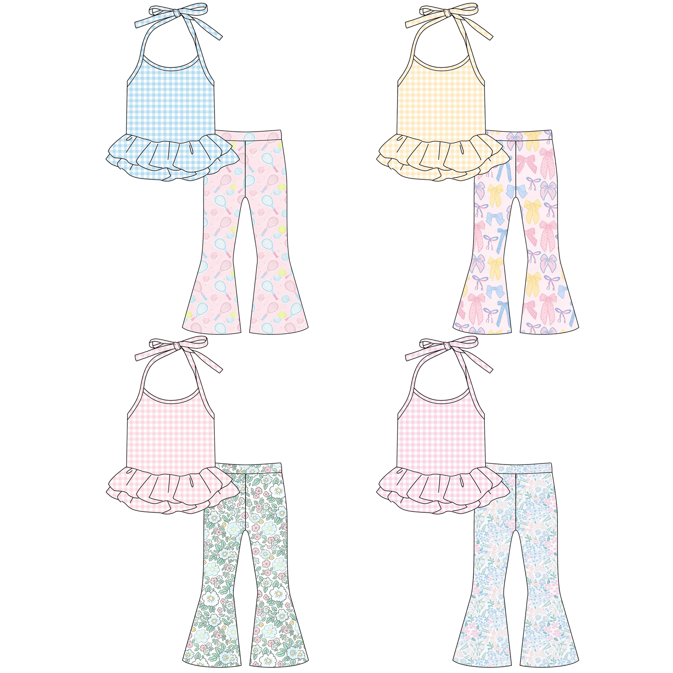 (Pre Order)Girls Spring&Summer Bow,Floral Print Outfit Set