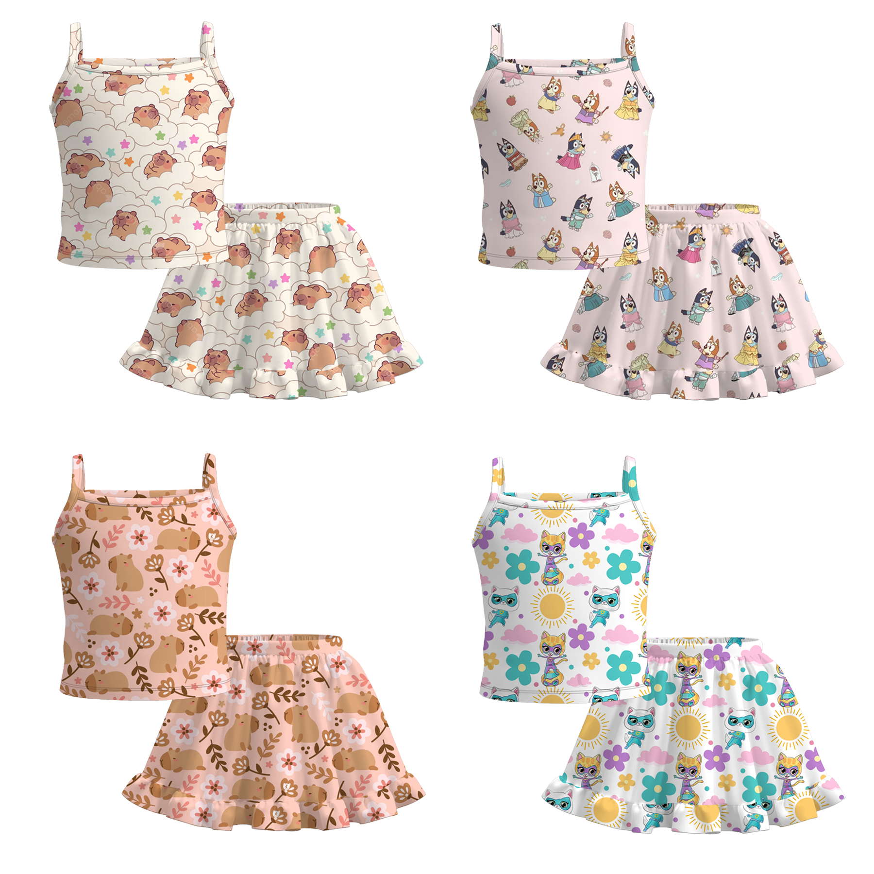 (Pre Order)Girls Summer Cute Cartoon Print Skirt Set
