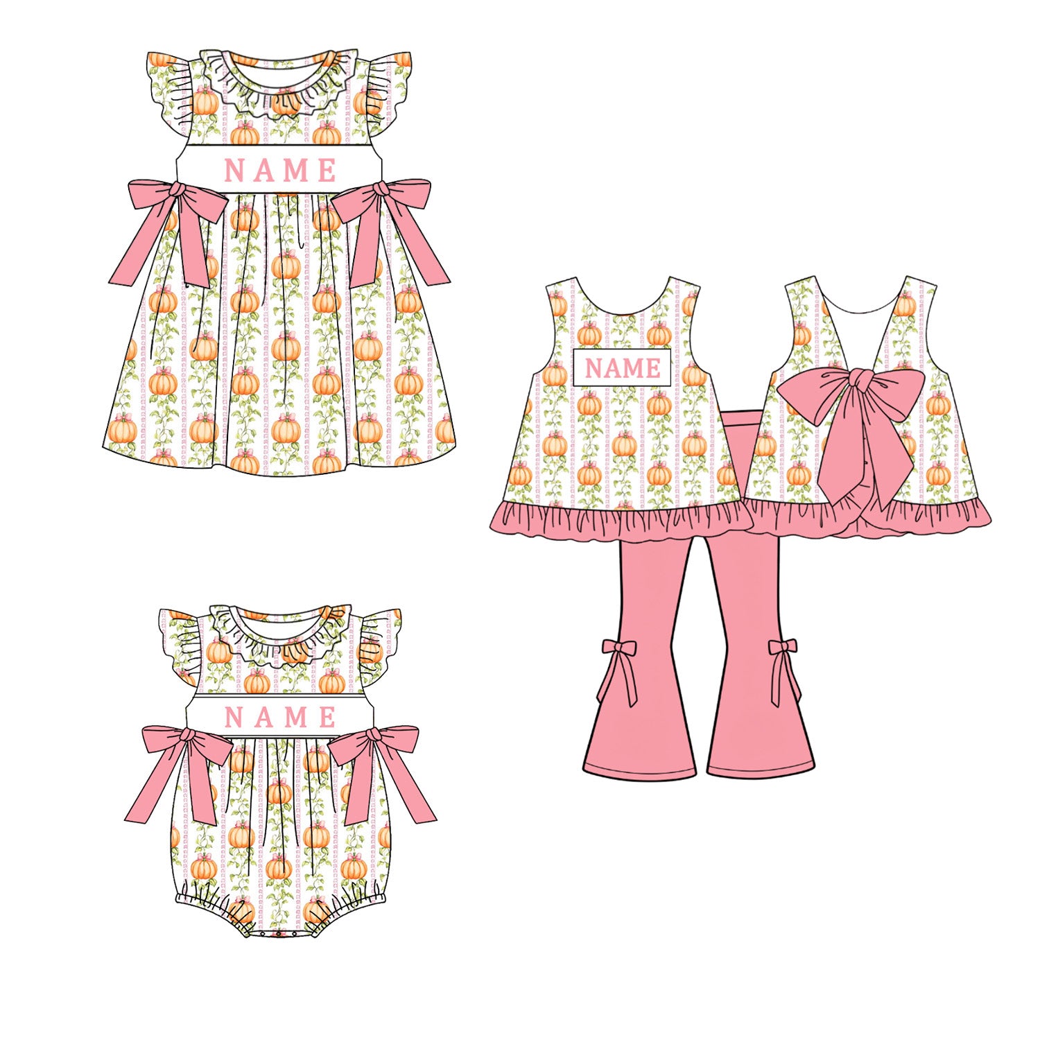 (Pre Order)Sisters Pumpkin Embroidery Smocked Dress,Set&Romper