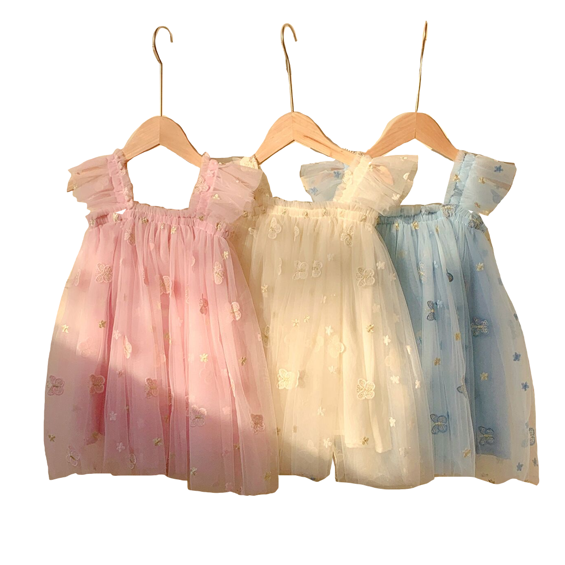 (In Production)Girls Summer Butterfly Embroidery Tulle Puff Sleeve Dress