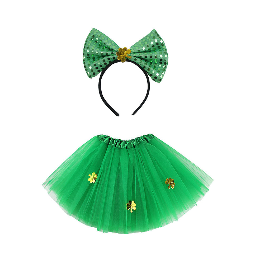 (Pre Order)Girls St.Patrick's Day Shamrock Bow Headband and Triple Tulle Skirt