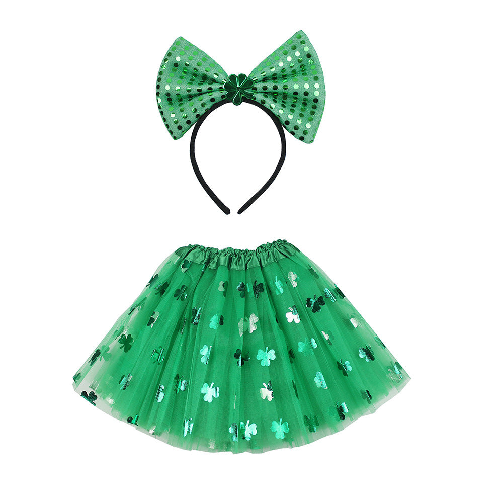 (Pre Order)Girls St.Patrick's Day Shamrock Bow Headband and Triple Tulle Skirt