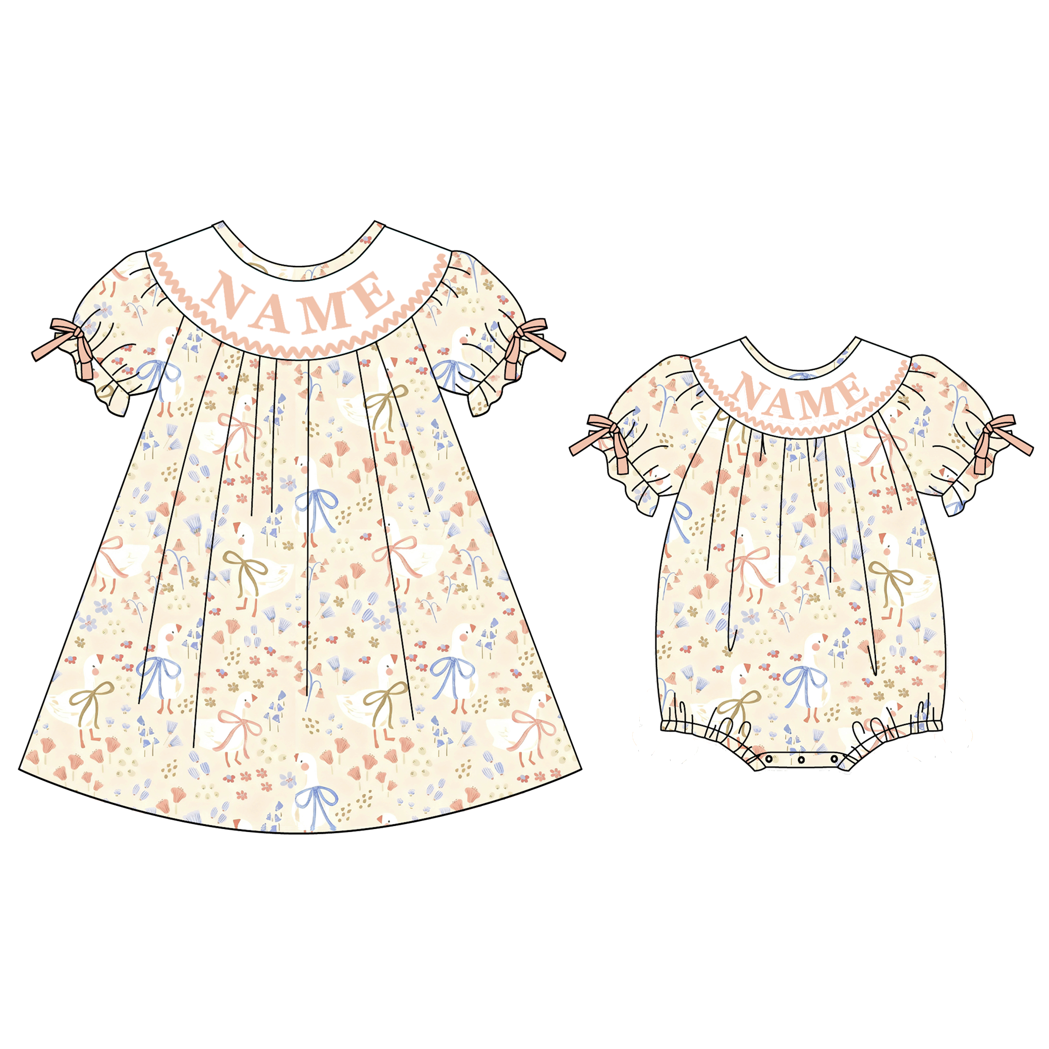 (Pre Order)Sisters Valentine's Day Goose Embroidery Smocked Dress&Romper