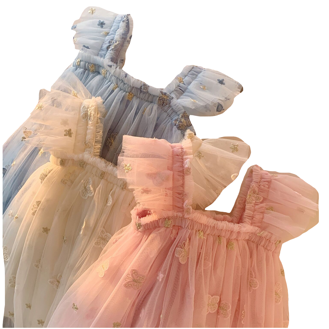 (In Production)Girls Summer Butterfly Embroidery Tulle Puff Sleeve Dress