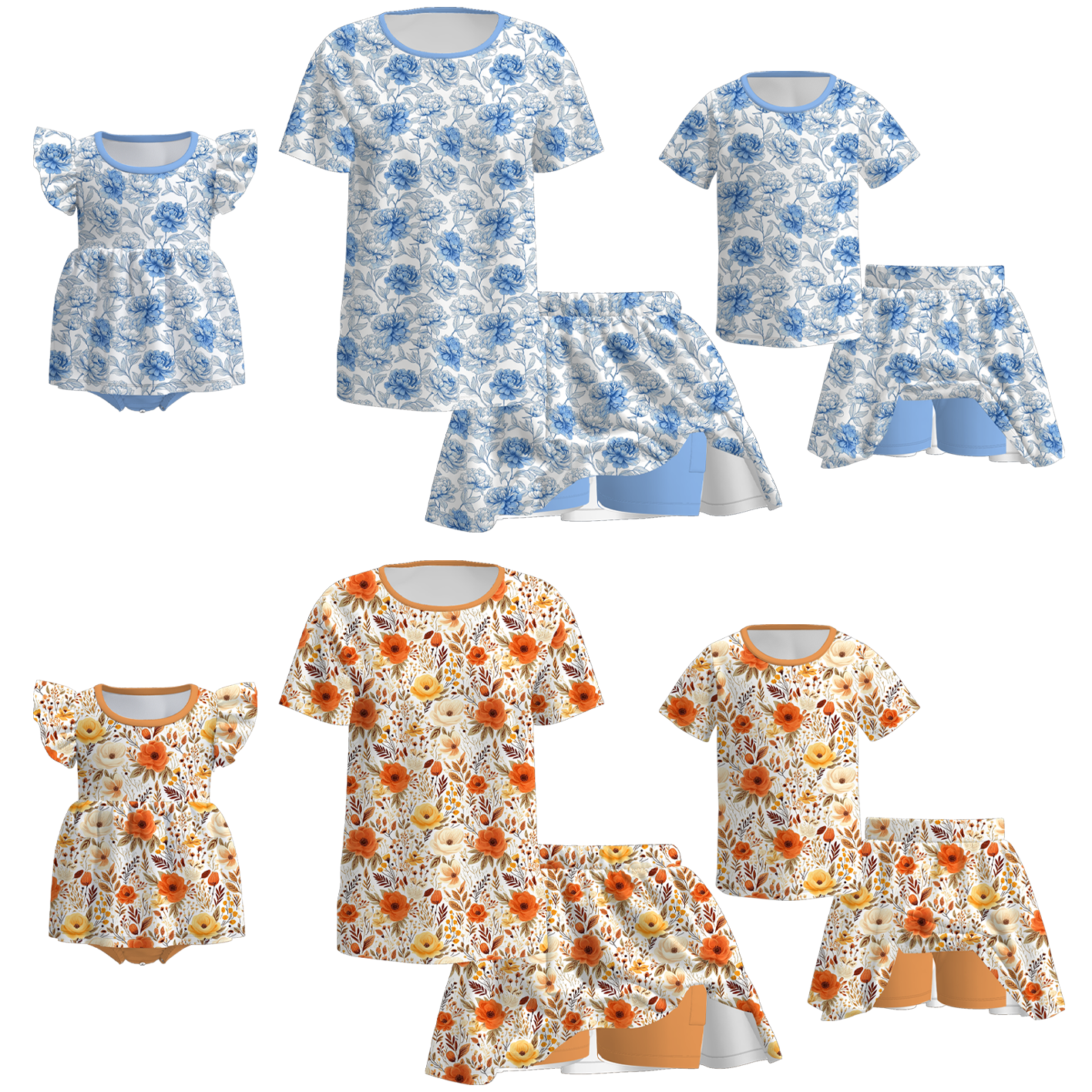 (Pre Order)Family Fall Floral Print Skort Set&Romper