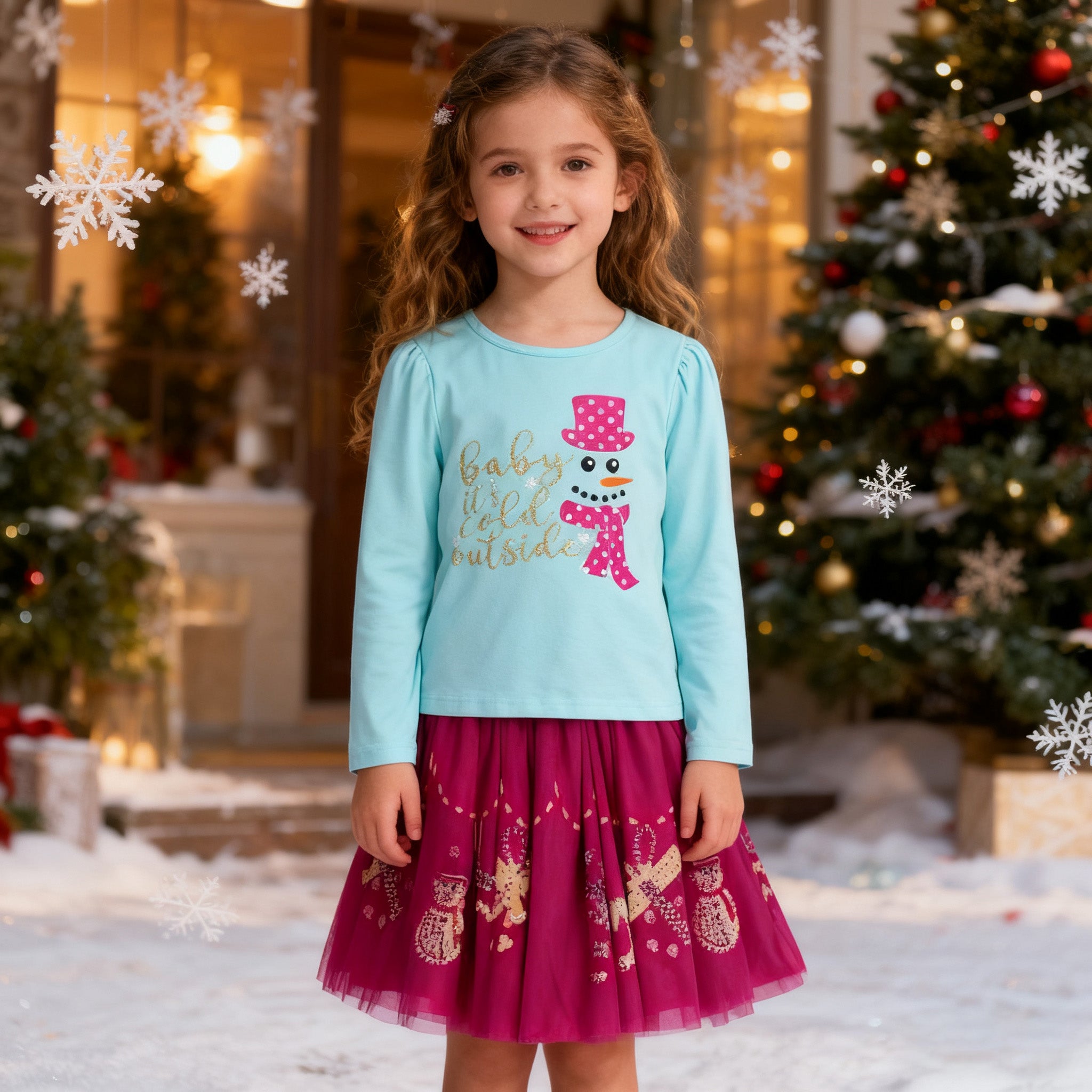 (In Stock)Girls Christmas Print Skirt Set