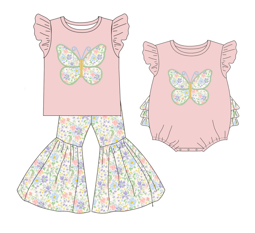(Pre Order)Sisters Spring Butterfly Applique Outfit Set&Romper