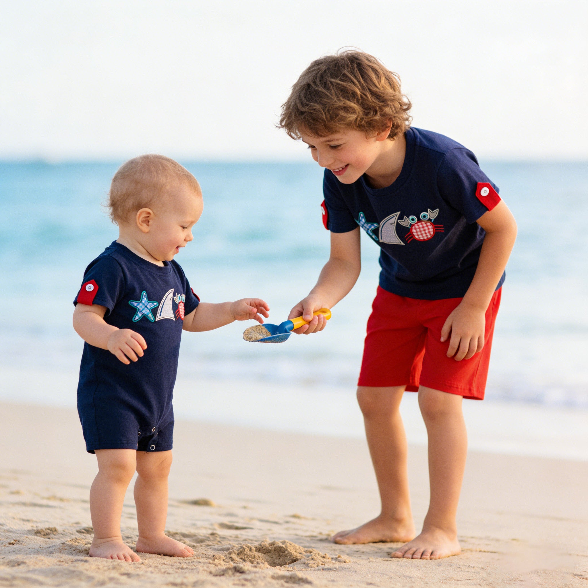 (In Stock)Brothers Summer Seaside Applique Shorts Set&Romper