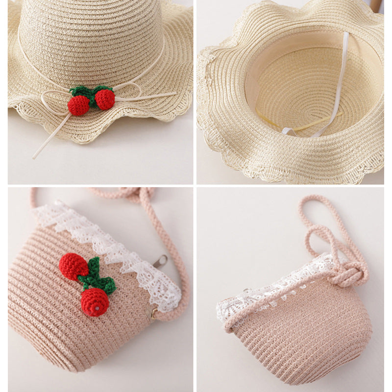 (Pre Order)Girls Spring and Summer Cherry Straw Hat and Straw Bag