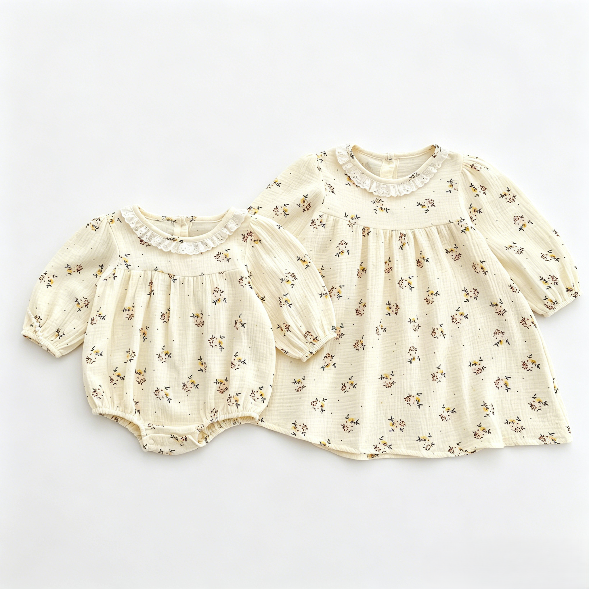 (Pre Order 2 Weeks)Sisters Fall Floral Print Lace Muslin Dress&Romper