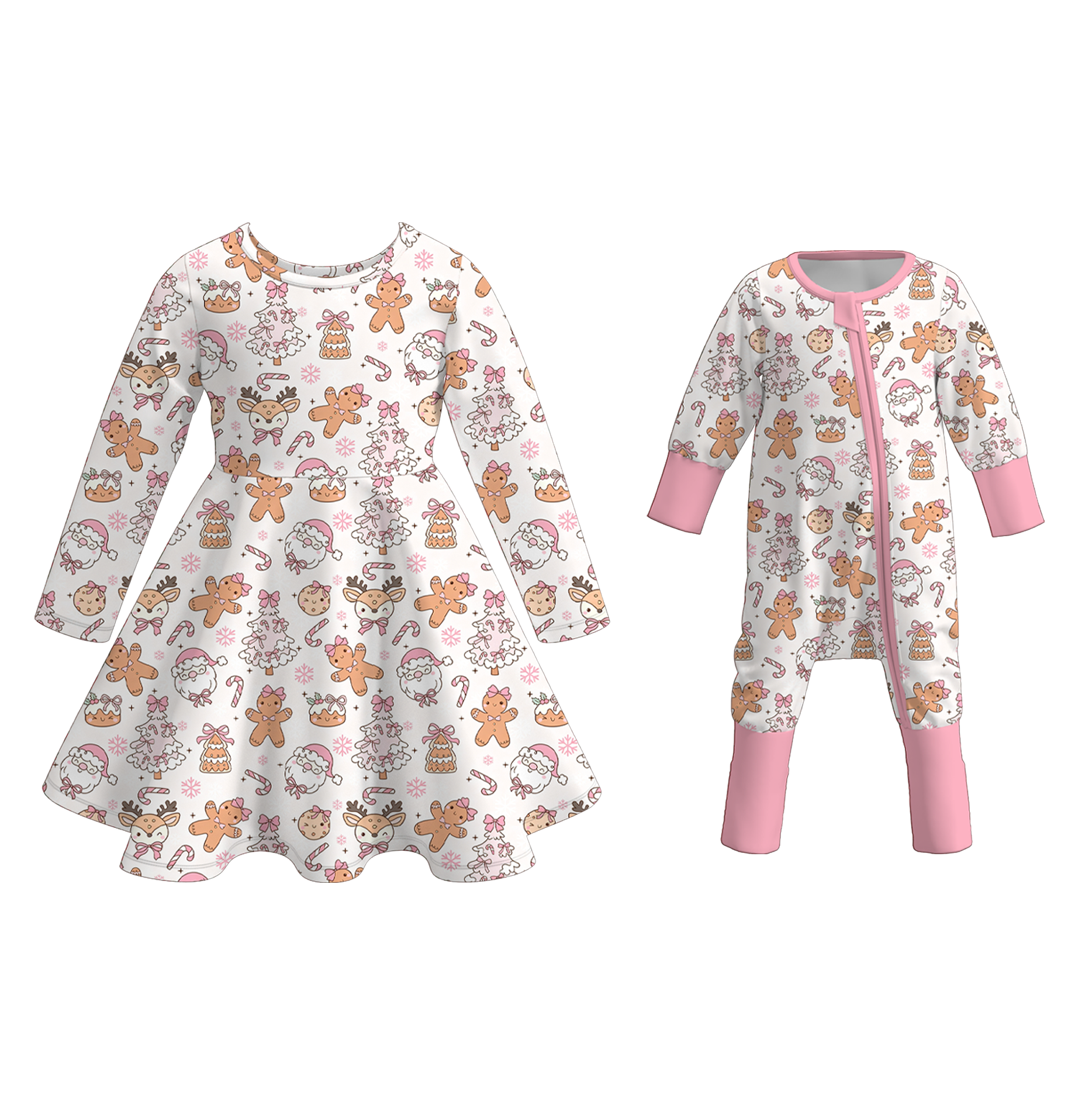 (Pre Order)Sisters Christmas Gingerbread Print Dress&Romper