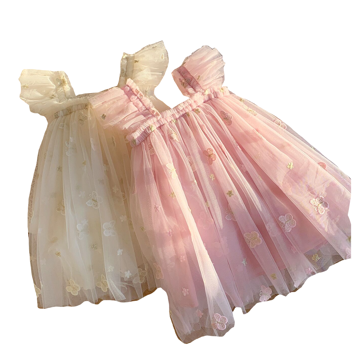(In Production)Girls Summer Butterfly Embroidery Tulle Puff Sleeve Dress