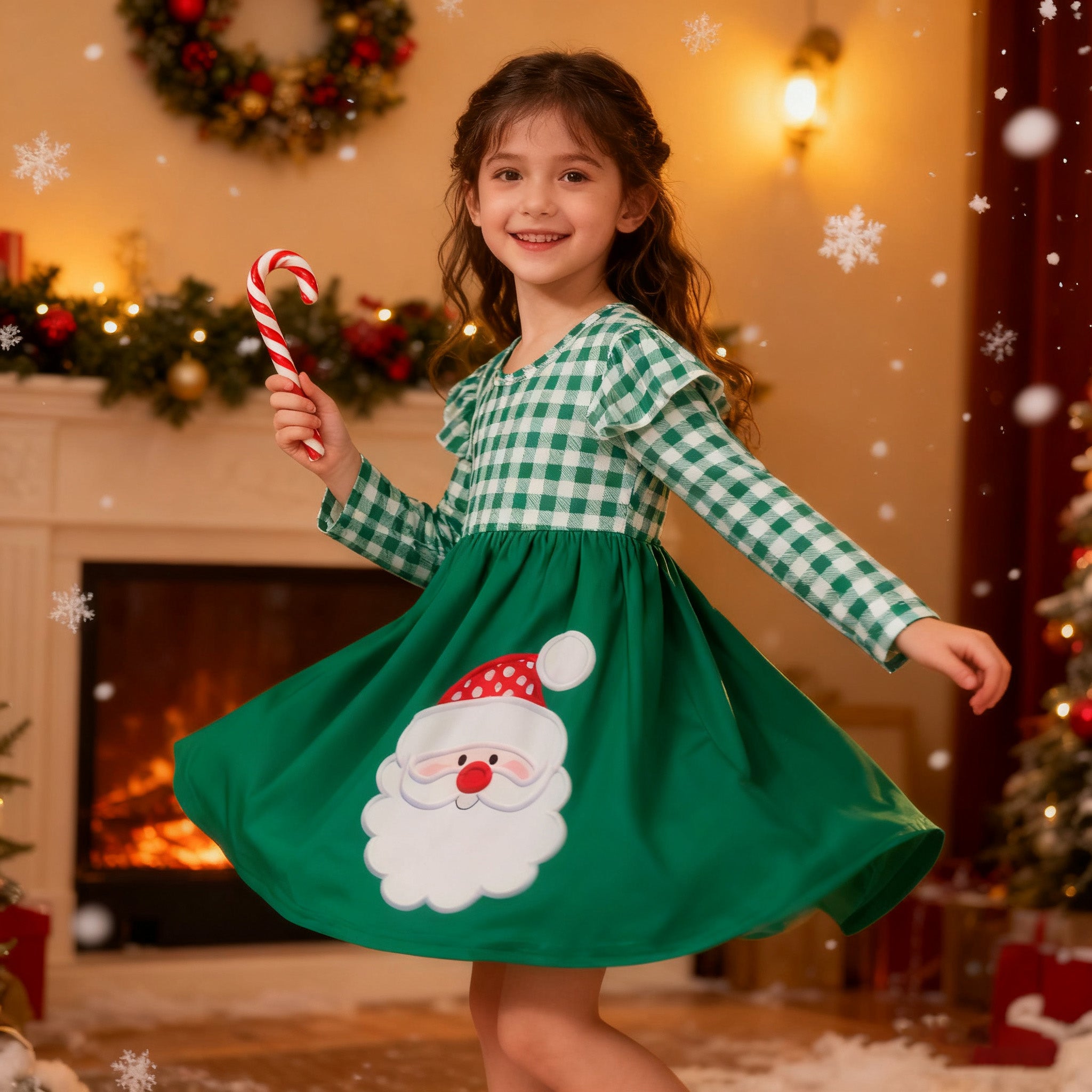 (In Stock)Girls Christmas Santa Claus Print Dress