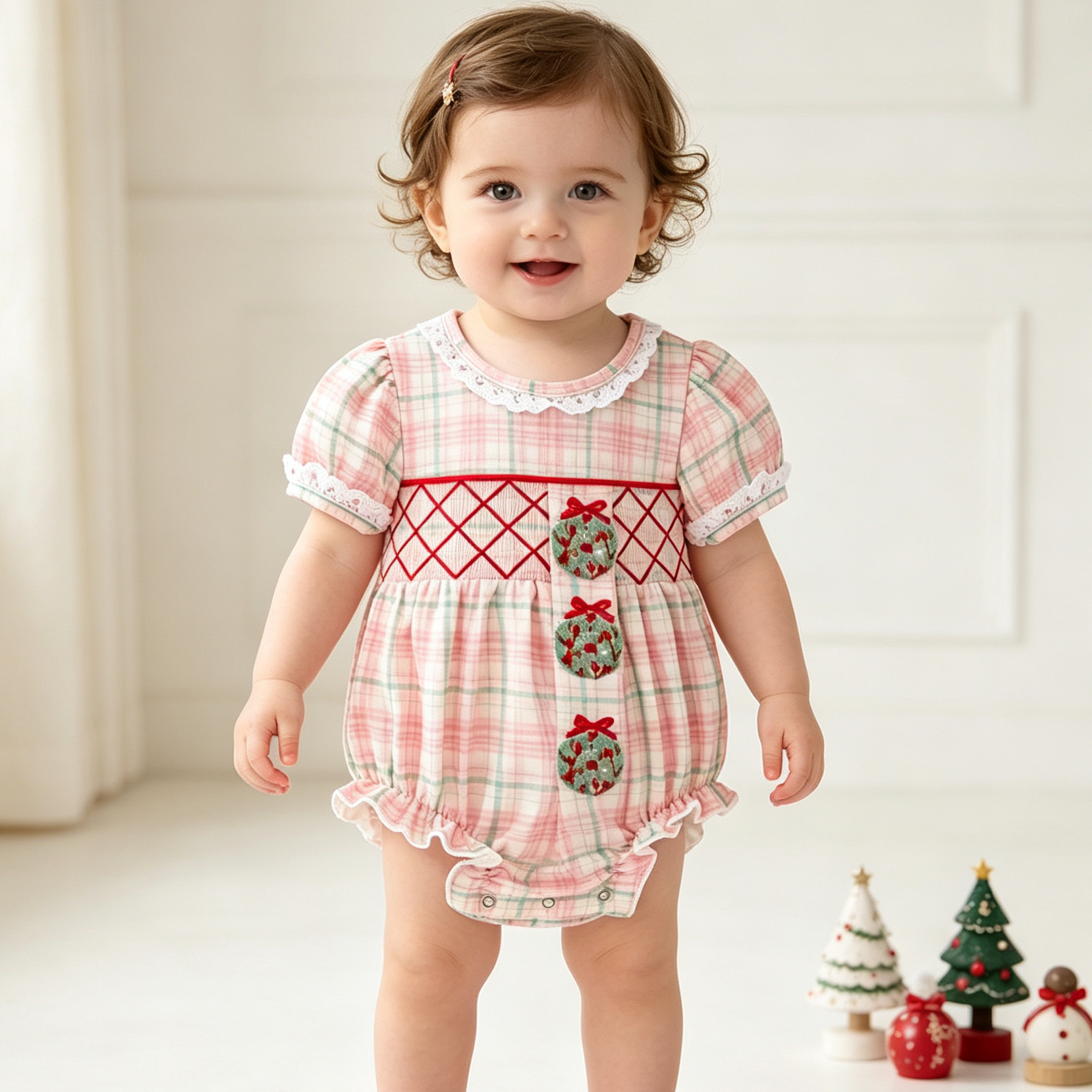 (In Stock)Toddler Girls Christmas Embroidery Smocked Romper
