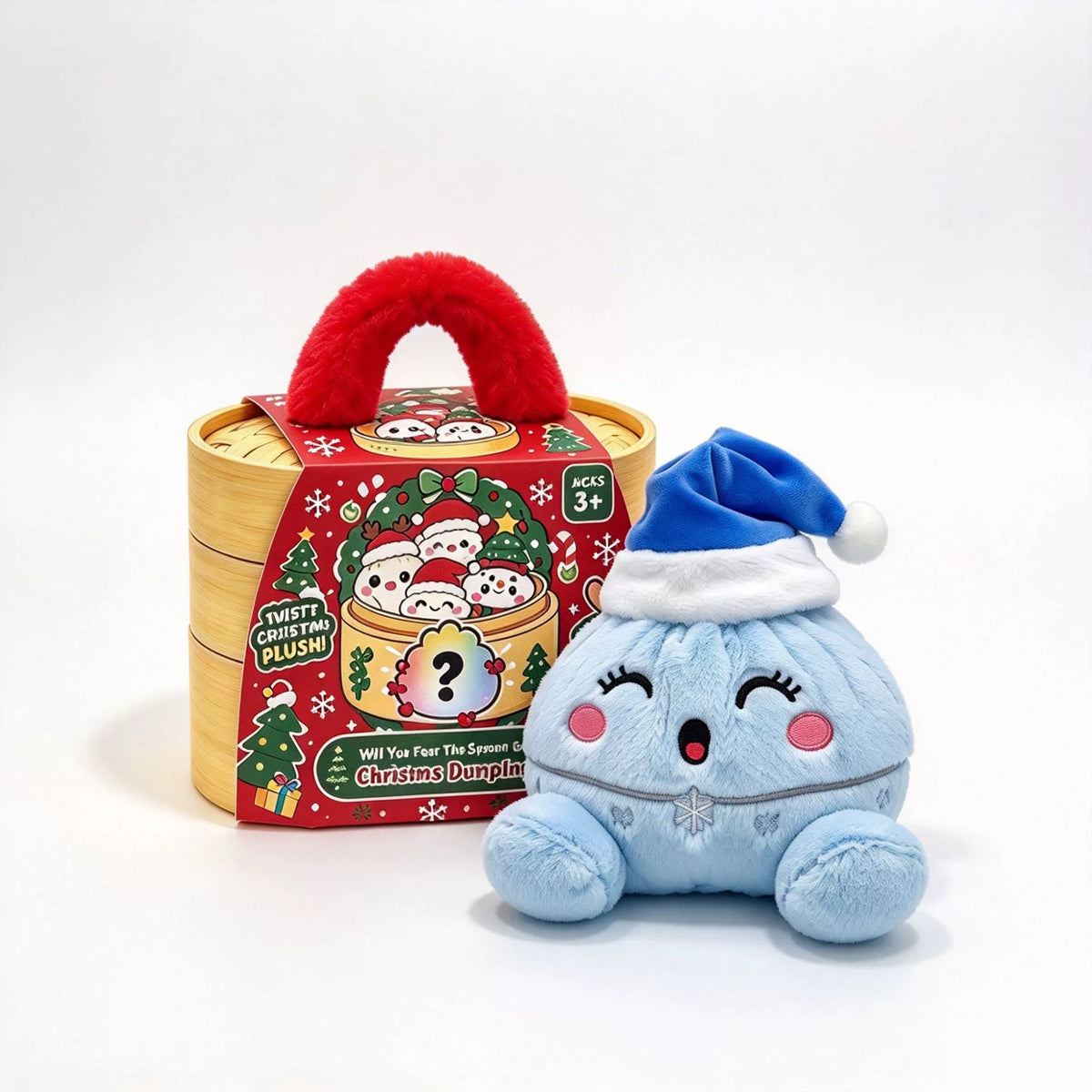 Light blue dumpling plush with closed eyes, pink cheeks, snowflake stitching and a blue Santa hat beside a wooden basket