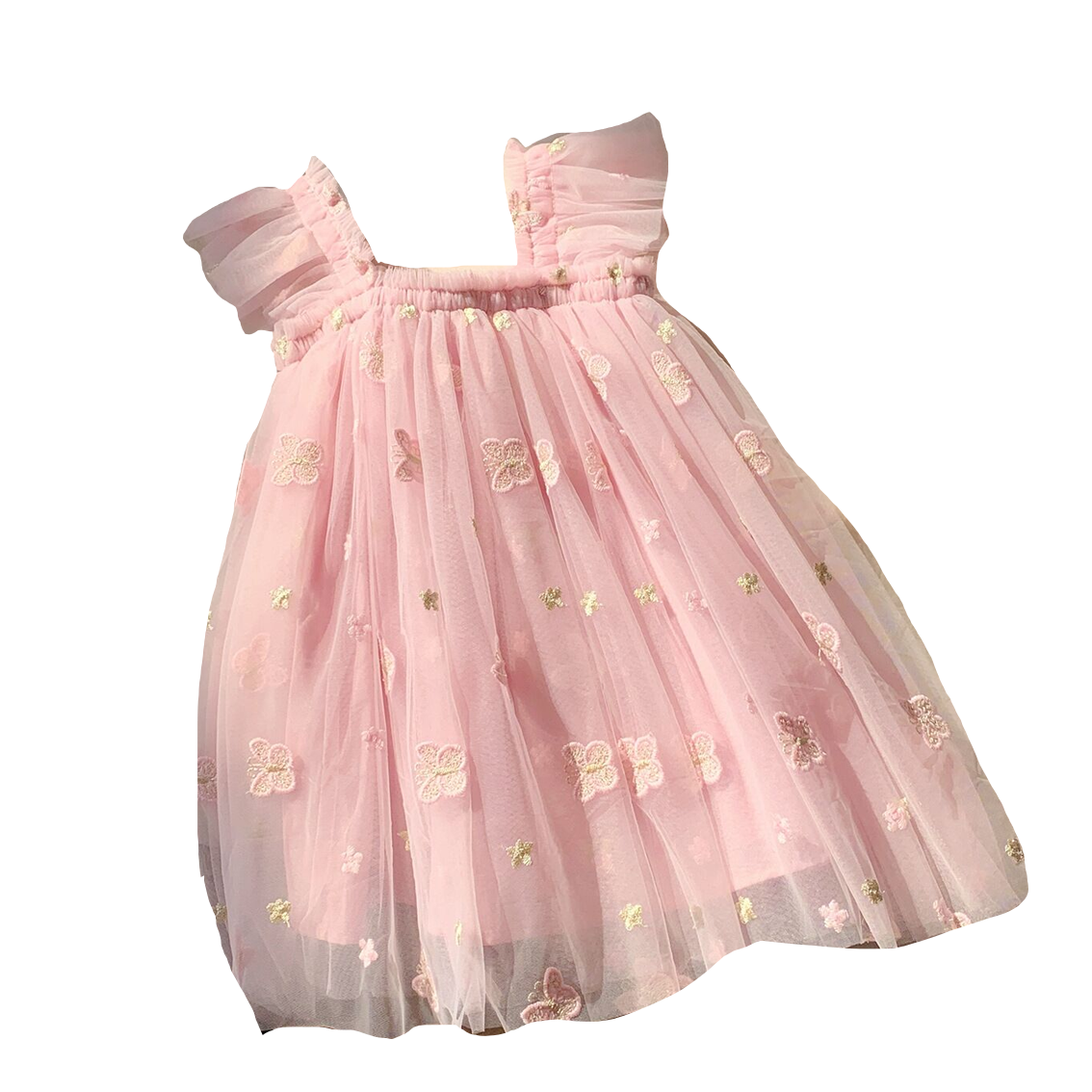 (In Production)Girls Summer Butterfly Embroidery Tulle Puff Sleeve Dress