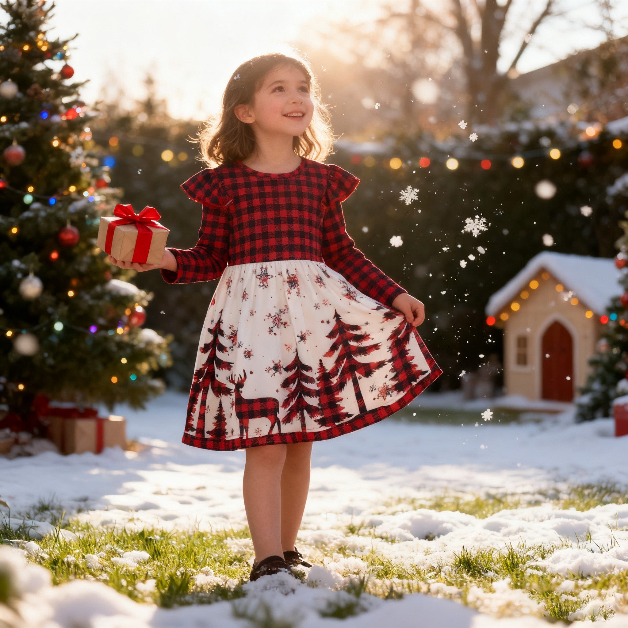 (In Stock)Girls Christmas Tree Print Dress