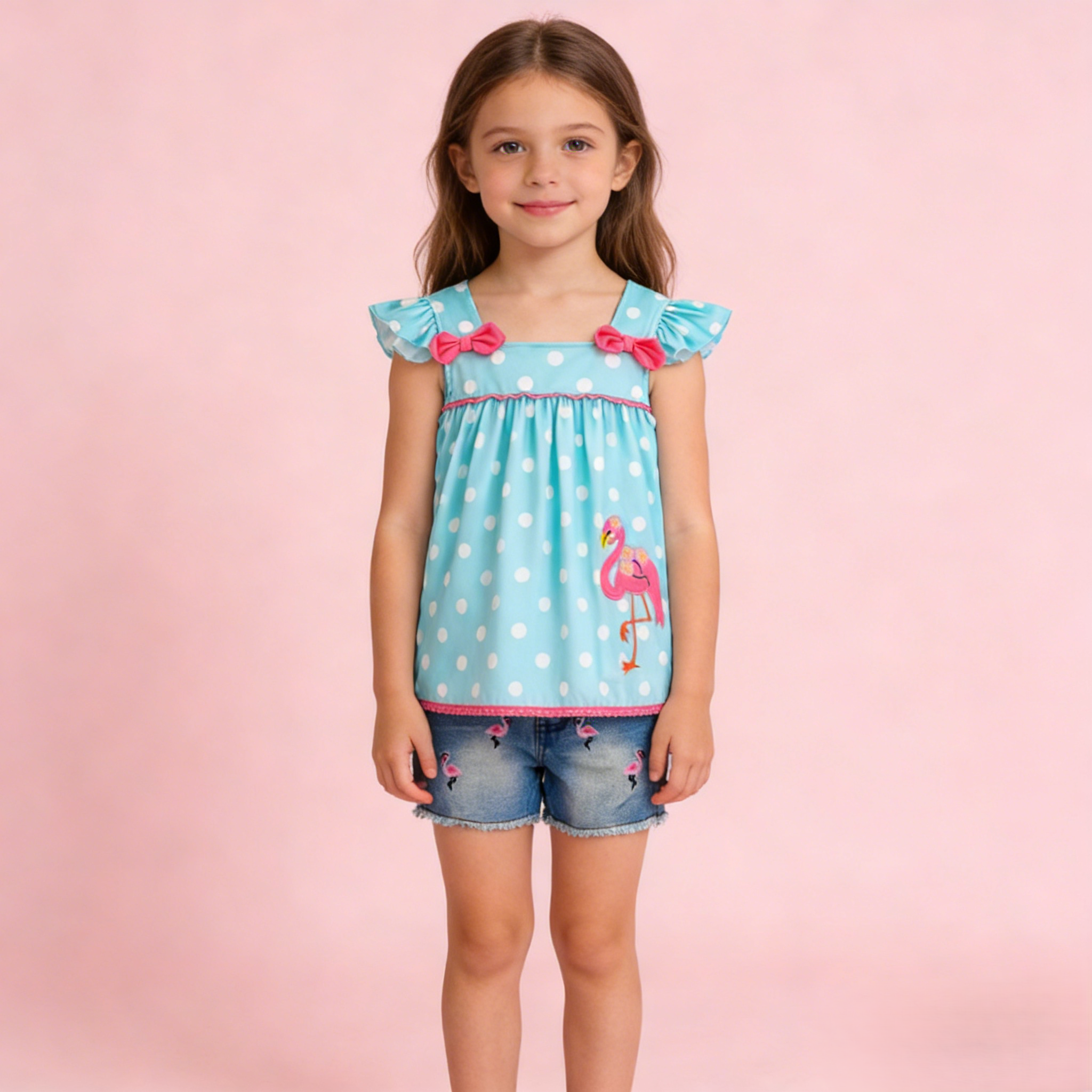 (In Stock)Girls Spring and Summer Flamingo Applique Denim Set