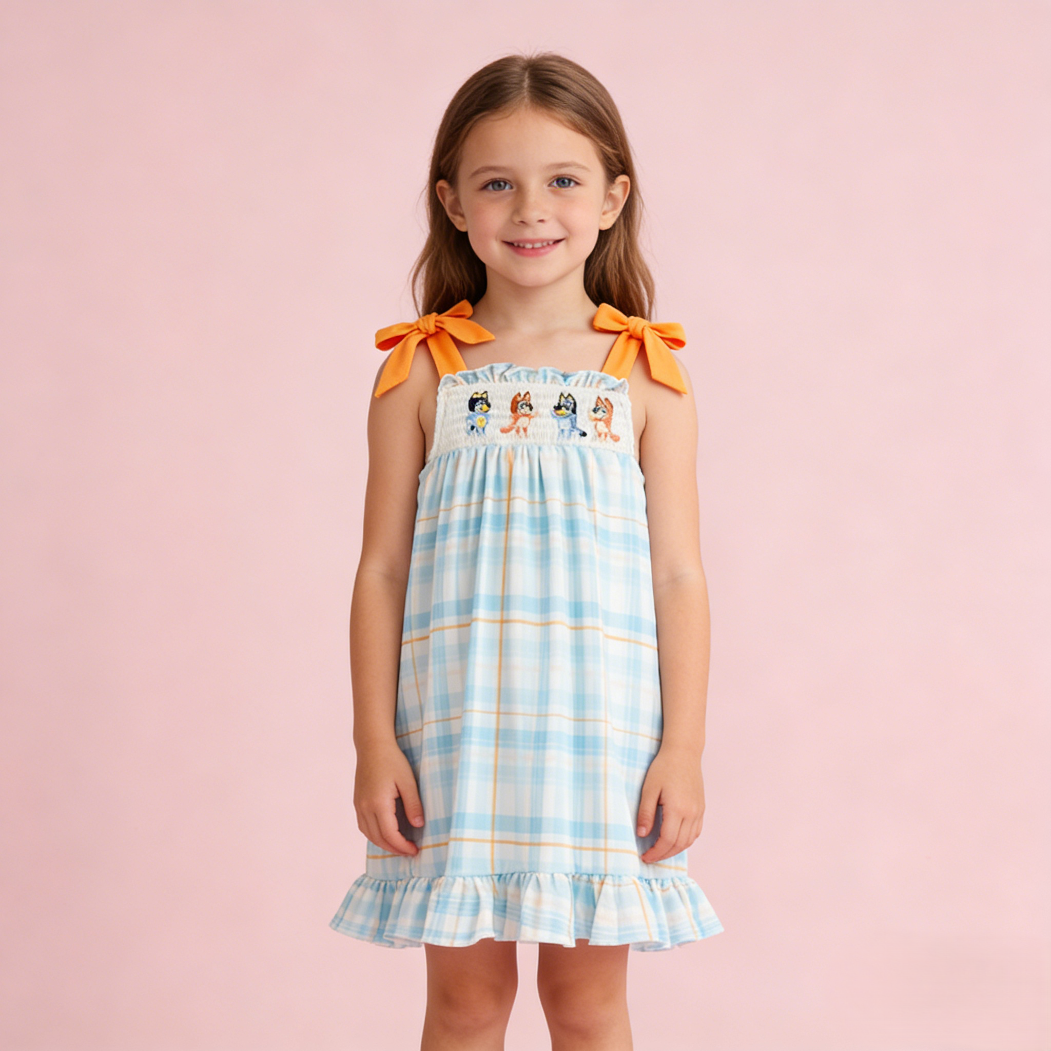 (In Stock)Girls Spring and Summer Cartoon Embroidery Smocked Dress
