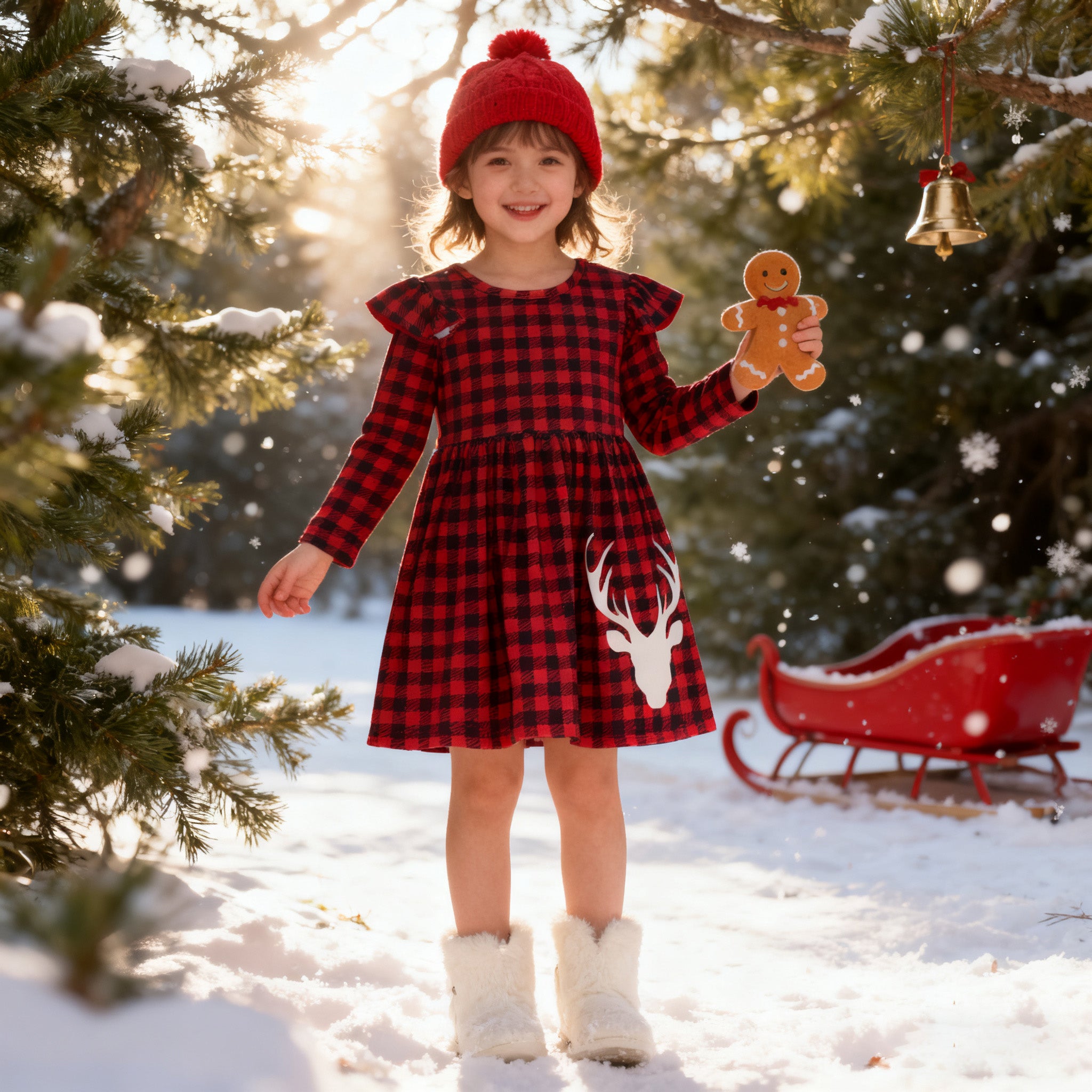 (In Stock)Girls Christmas Elk Print Dress