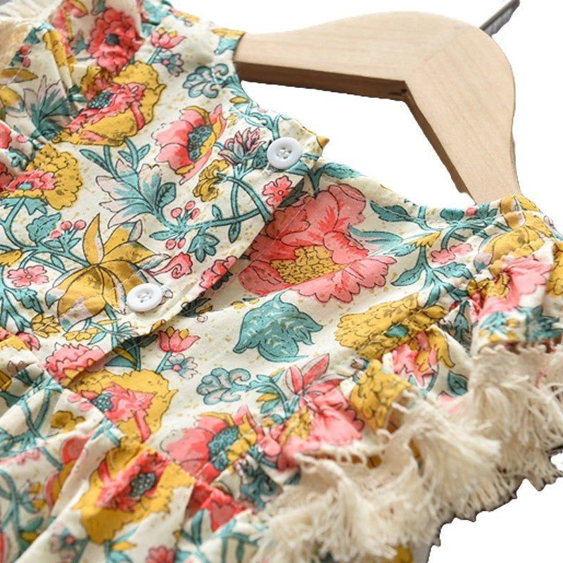 (In Production)Girls Summer Ethnic-style Floral Print Dress