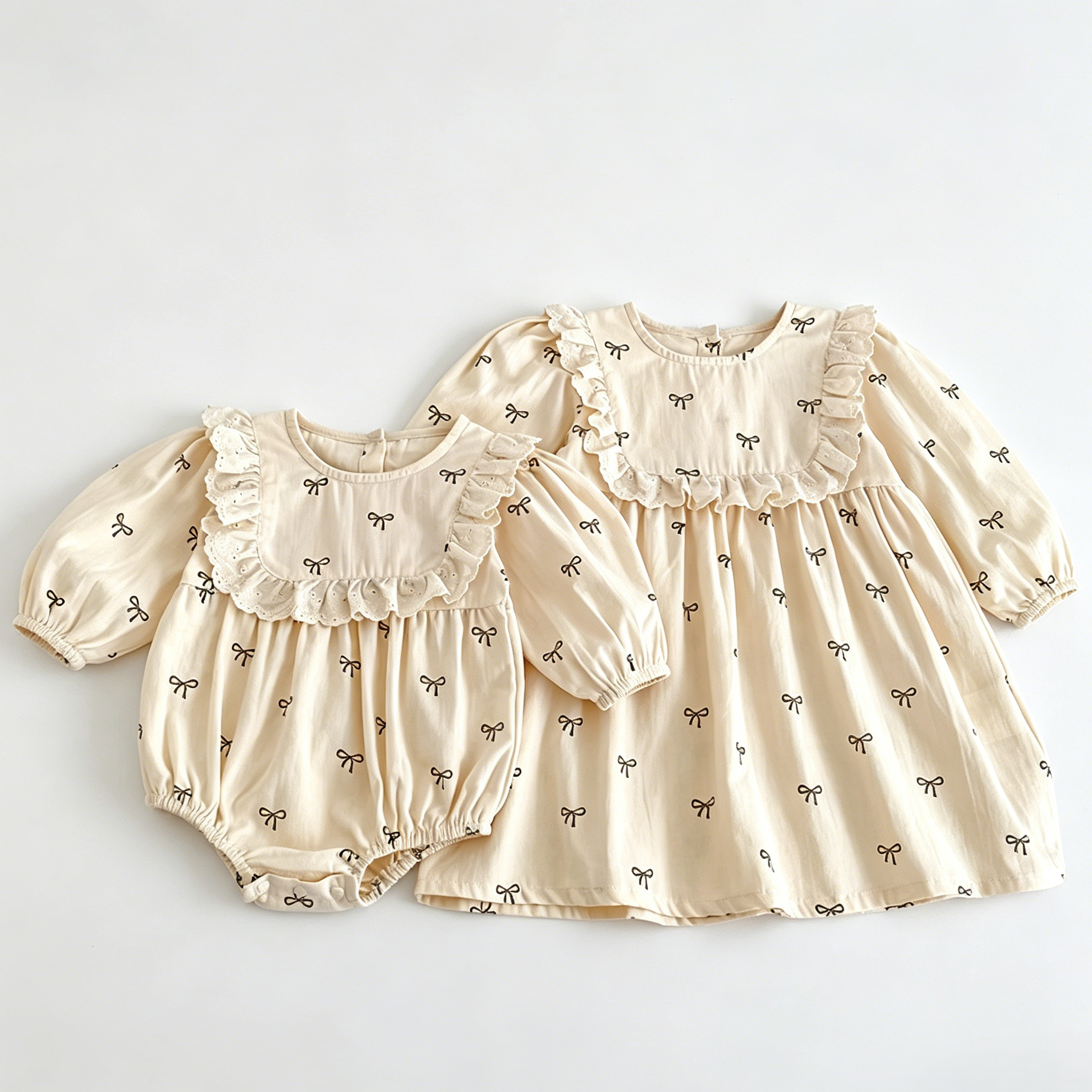(Pre Order 2 Weeks)Sisters Fall Bow Print Ruffle Dress&Romper
