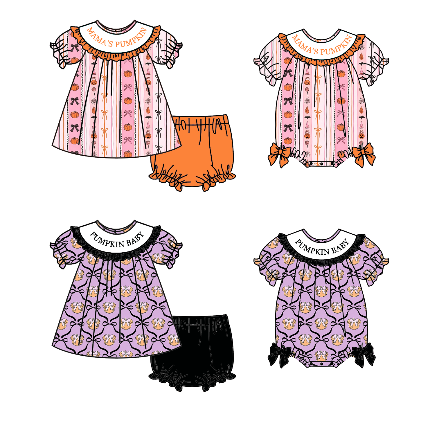 (Pre Order)Girls Halloween Embroidery Smocked Romper&Bloomer Set