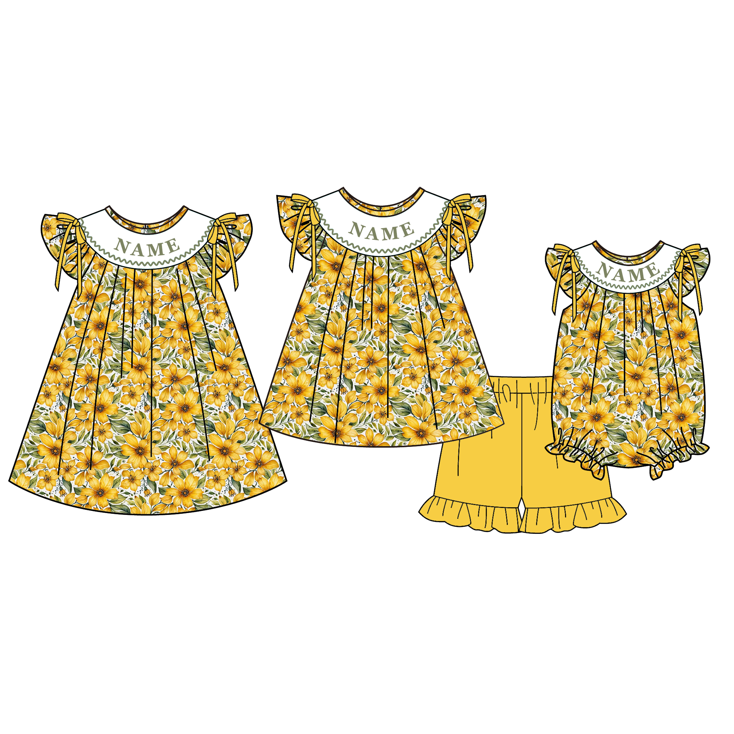 (Pre Order)Sisters Spring&Summer Floral Embroidery Smocked Dress,Set&Romper-Customized name