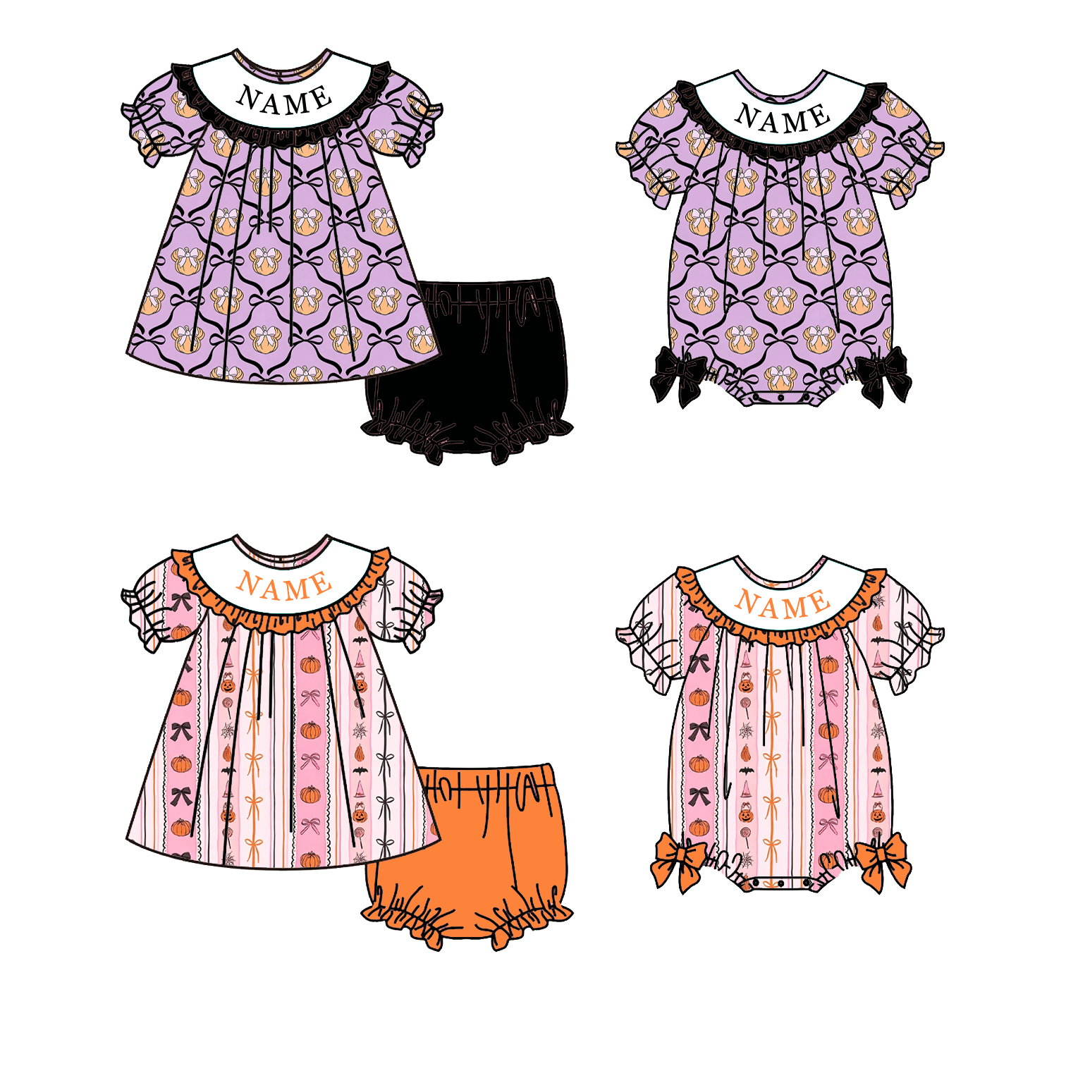 (Pre Order)Girls Halloween Embroidery Smocked Romper&Bloomer Set