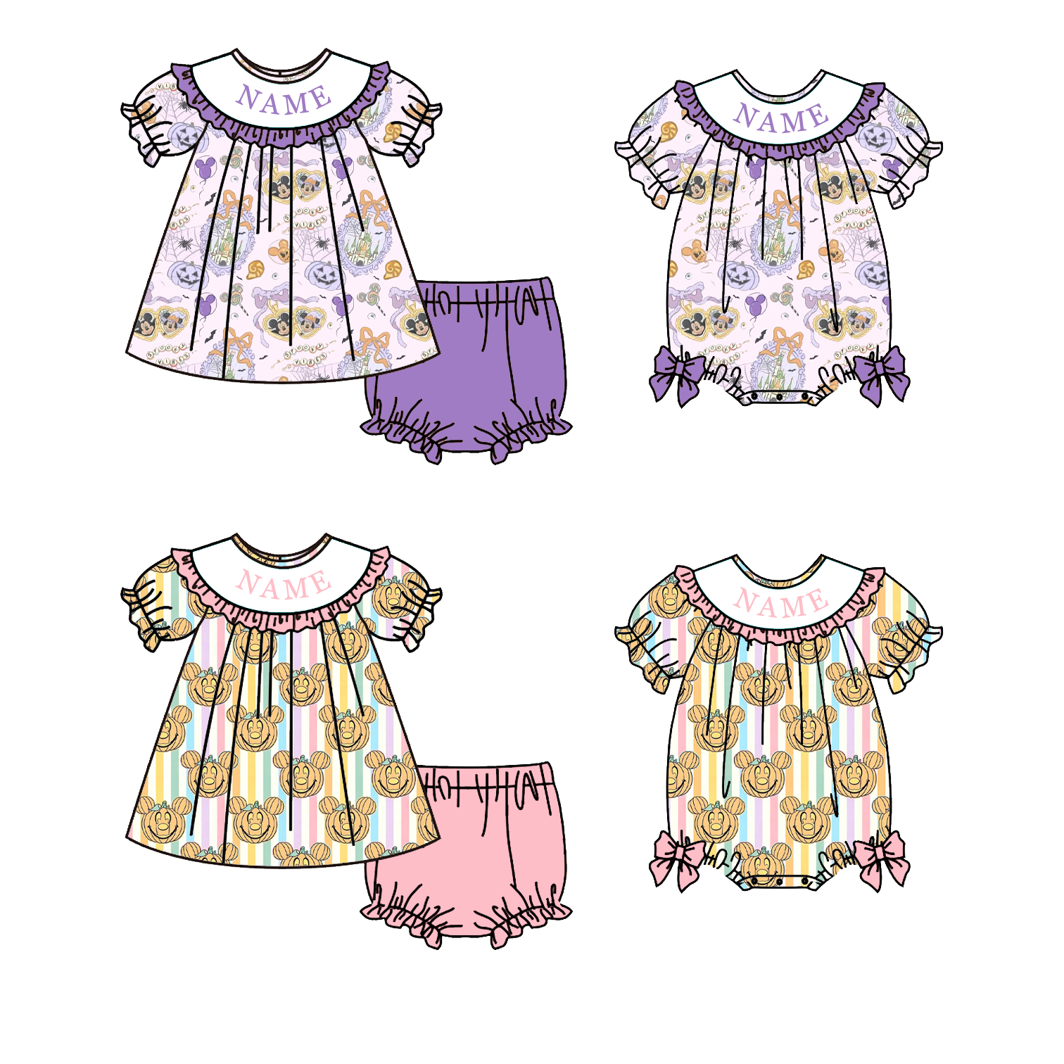 (Pre Order)Girls Halloween Embroidery Smocked Romper&Bloomer Set