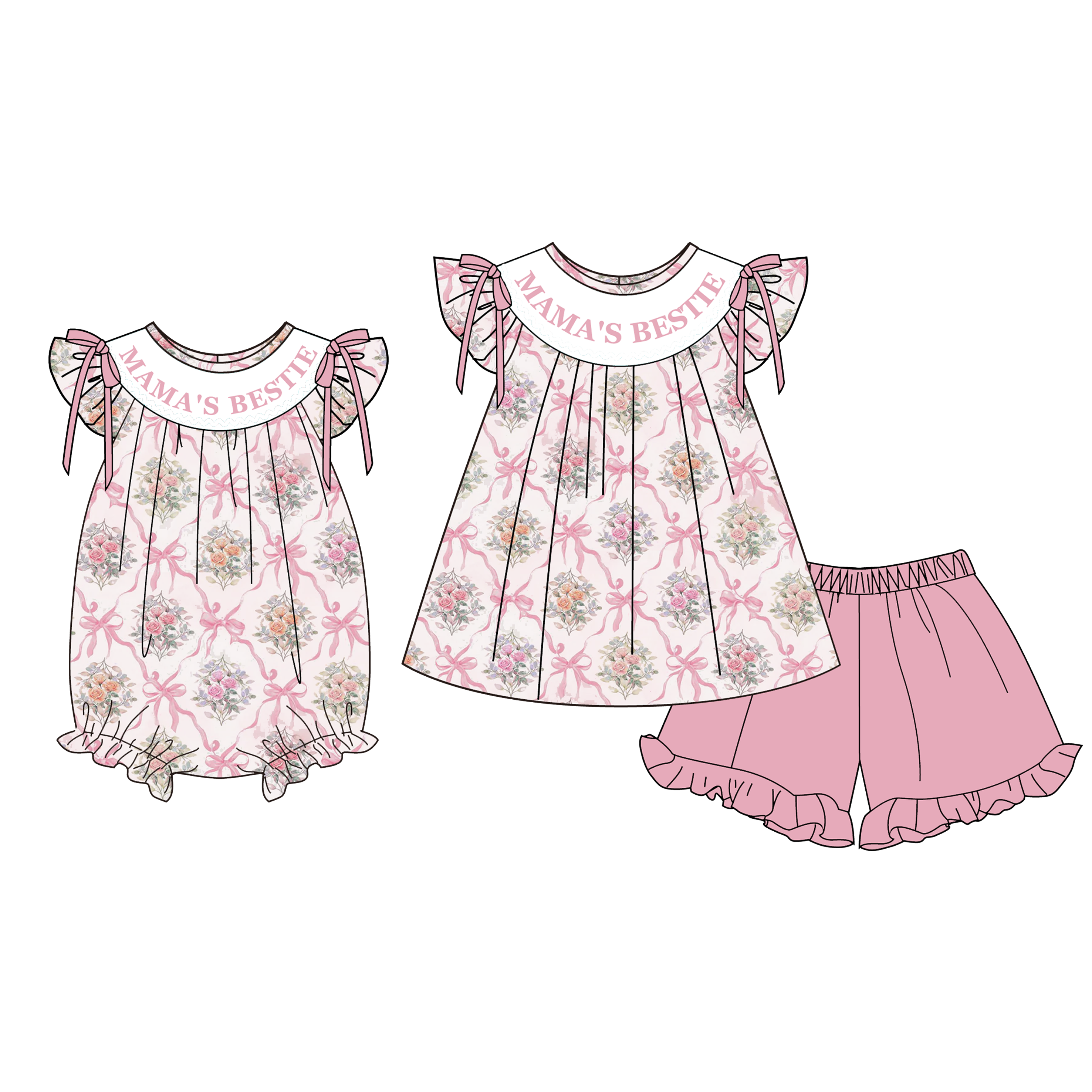 (Pre Order)Sisters Spring&Summer Embroidery Smocked Shorts Set&Romper