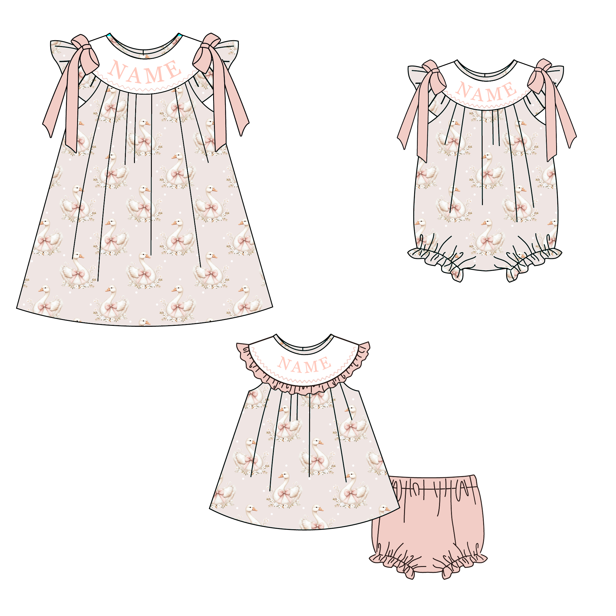 (Pre Order)Sisters Spring&Summer Goose Embroidery Smocked Dress,Set&Romper-Customized name