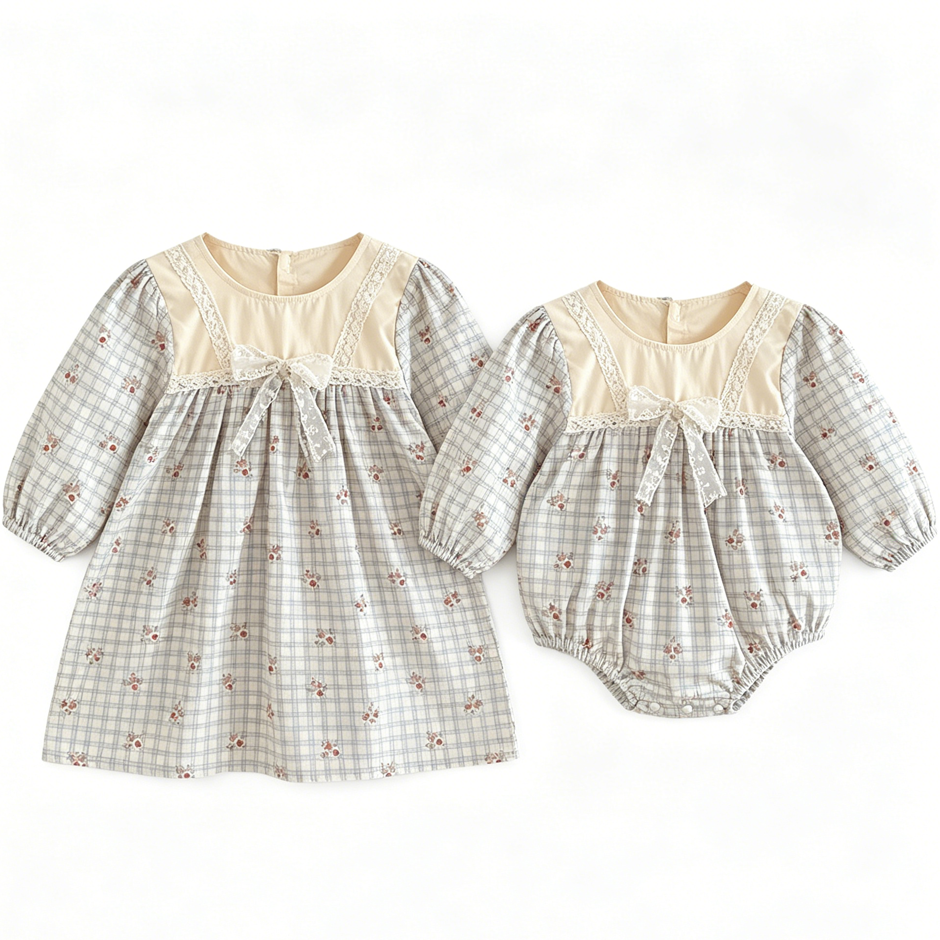 (In Production)Sisters Fall Floral Print Lace Bow Dress&Romper