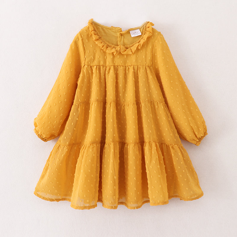 (In Stock E21-1-3)Fall Girls Yellow Swiss Dot Dress