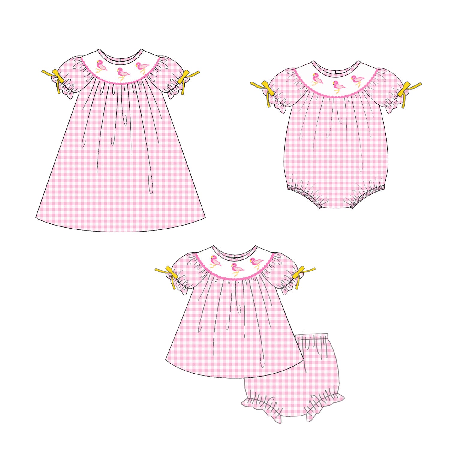 (Pre Order)Sisters Spring Flamingo Embroidery Smocked Dress&Romper