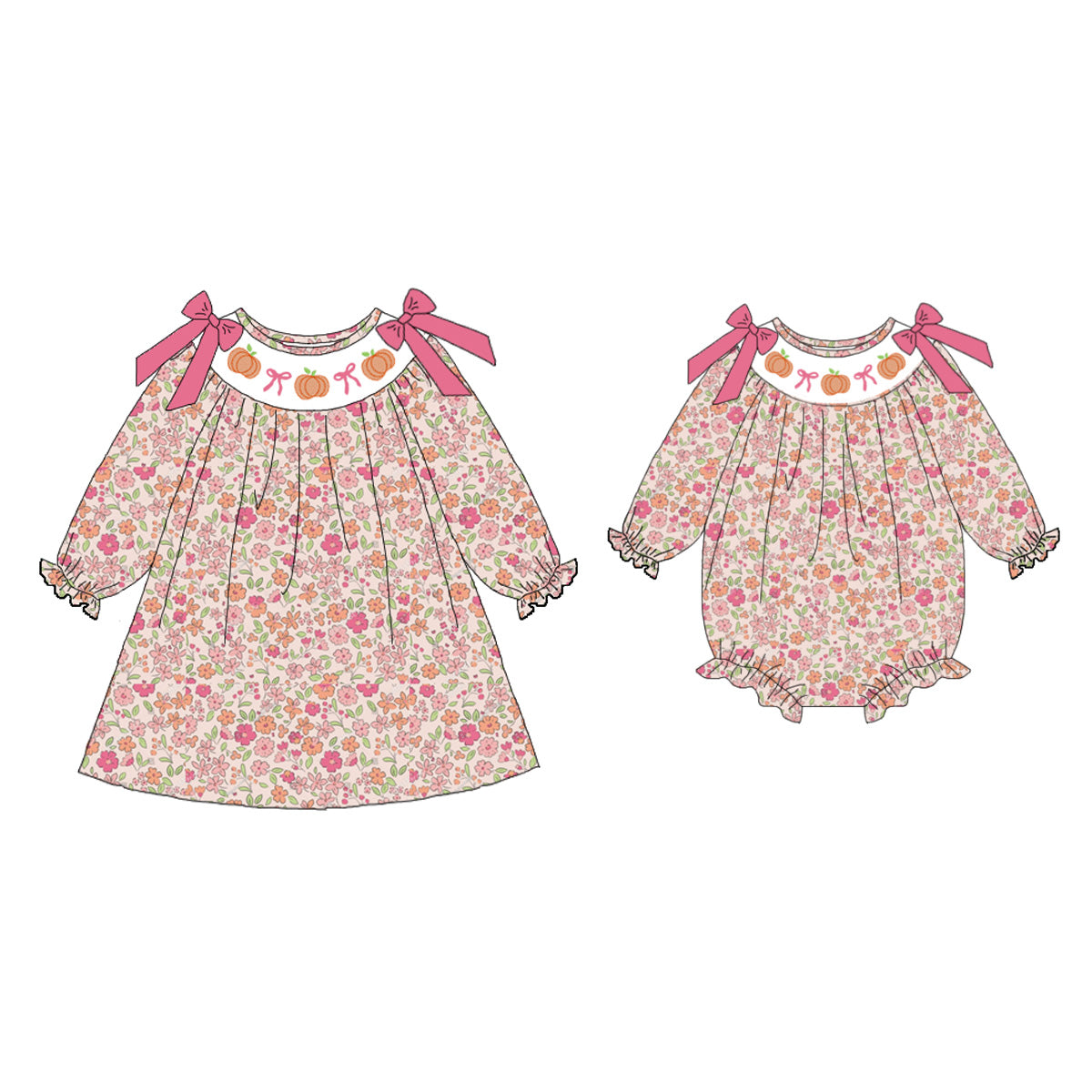 (Pre Order)Sisters Halloween Pumpkin Embroidery Smocked Dress&Romper